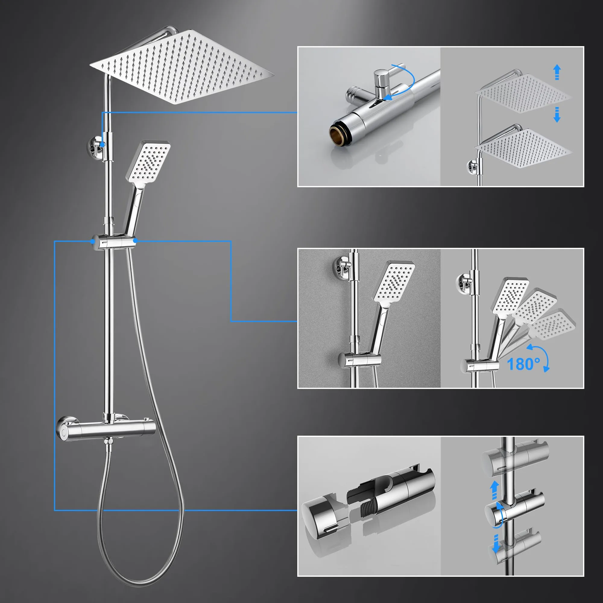Görbach Colonna Doccia in Acciaio Inox con Miscelatore Termostatico e Soffione 30x30 cm, Cromo - immagine 5