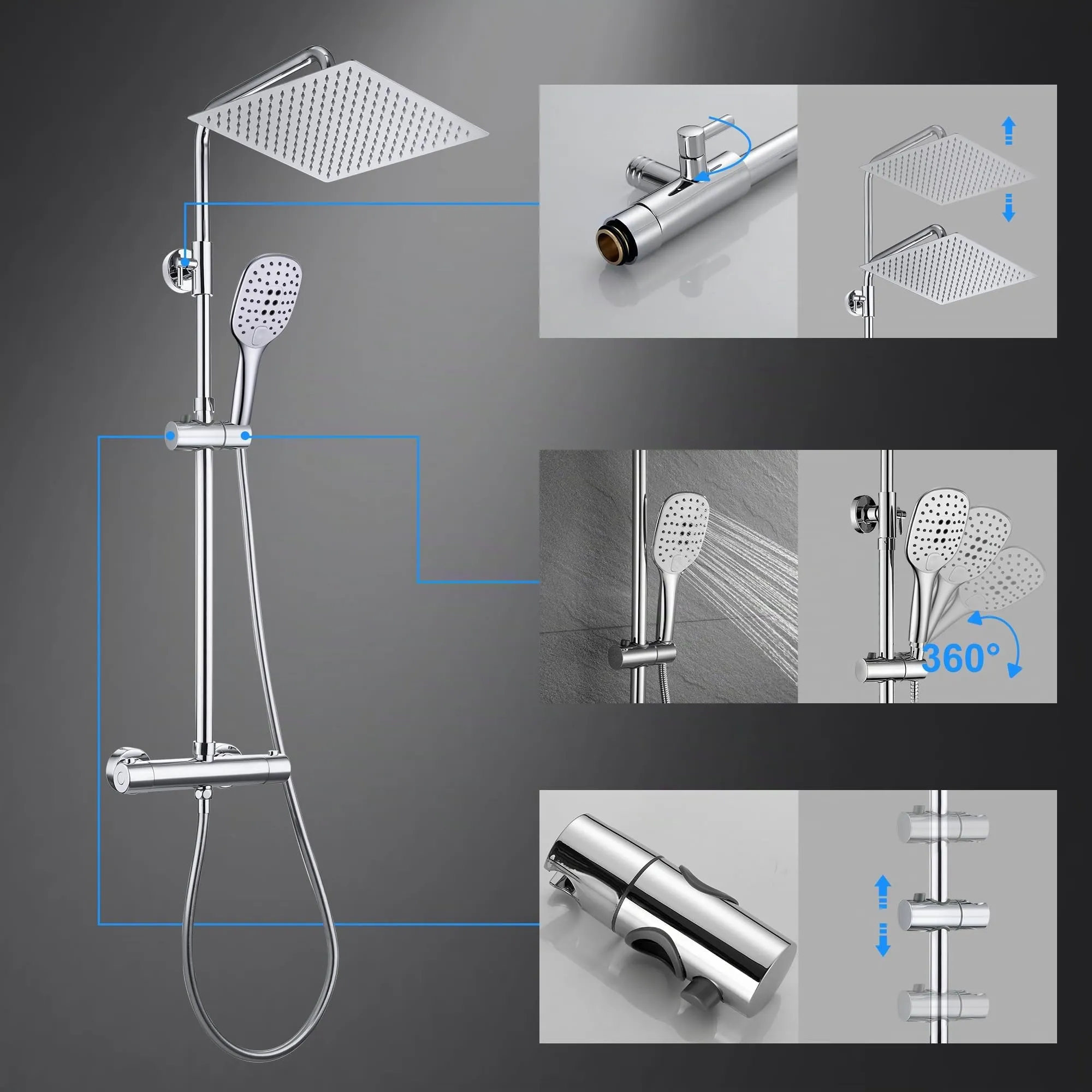 Görbach Colonna Doccia in Acciaio Inox con Miscelatore Termostatico e Soffione 25x25 cm, Cromo - immagine 5