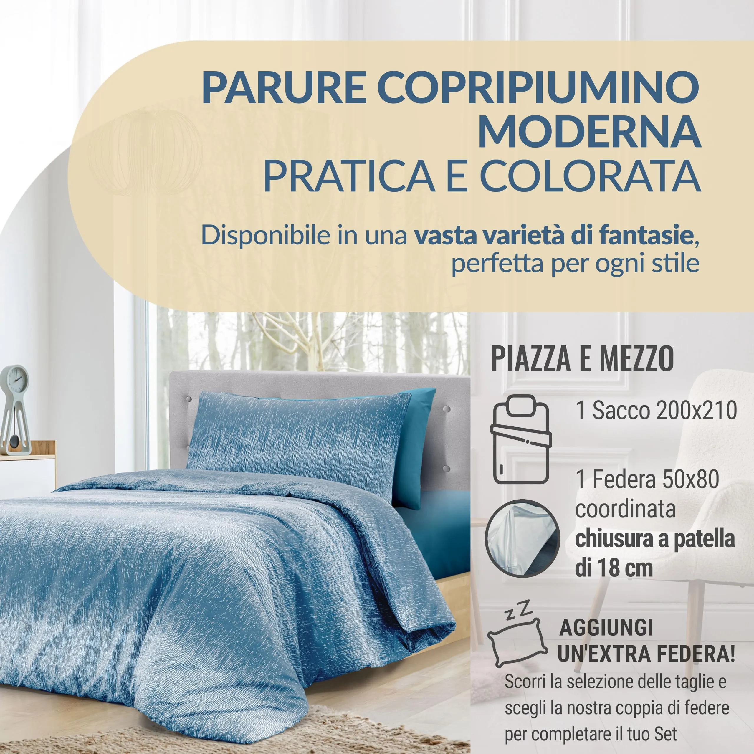 Dorian Home Copripiumino Una Piazza e Mezza in Cotone 200x210 cm con Federa, Geometrico, Drops Ottanio - immagine 2