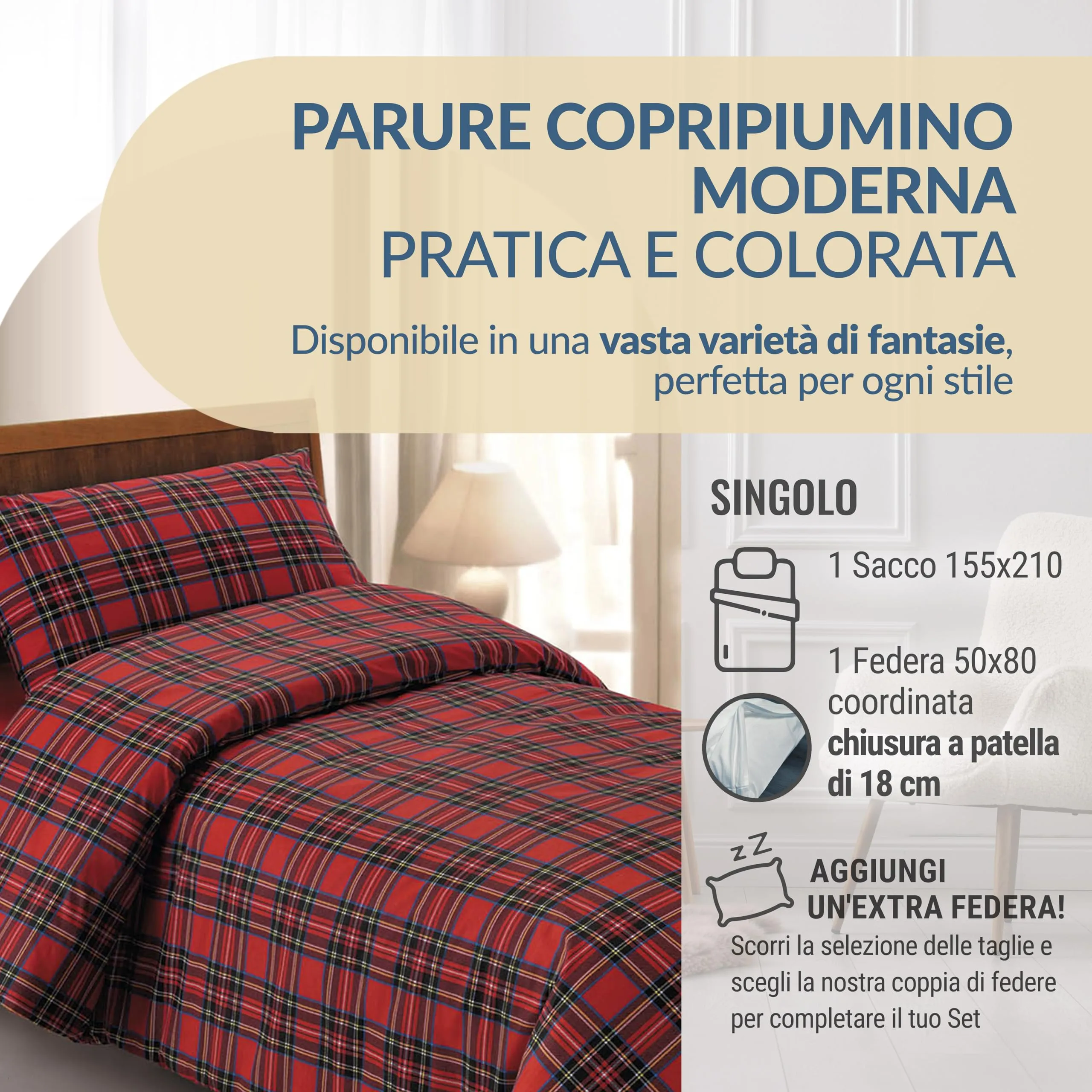 Dorian Home Copripiumino Singolo in Cotone 155x210 cm con Federa, Scozzese Rosso - immagine 2