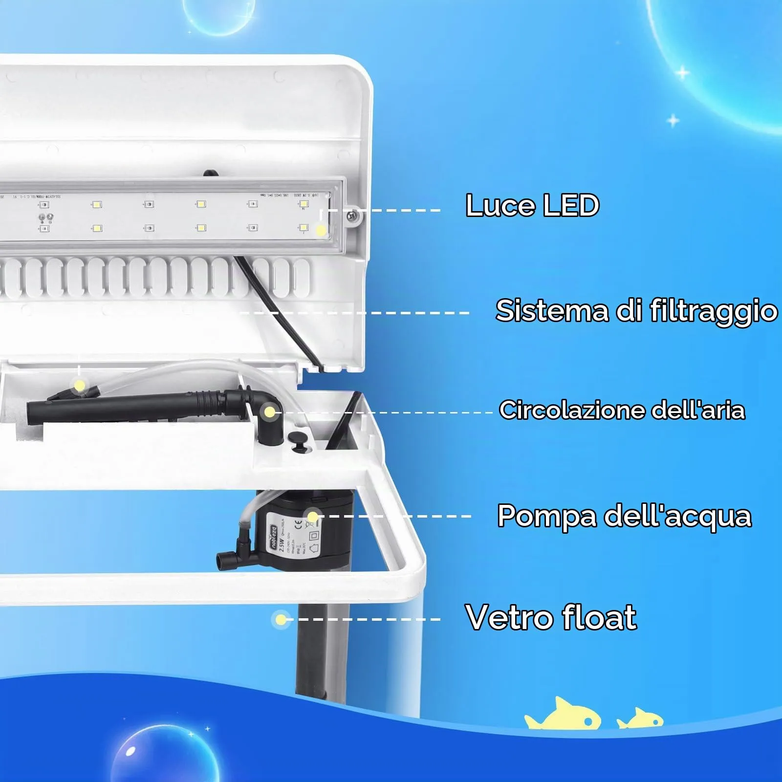 Nobleza Nano Acquario in vetro con illuminazione a LED e filtro, 14 Litri, Bianco - immagine 3