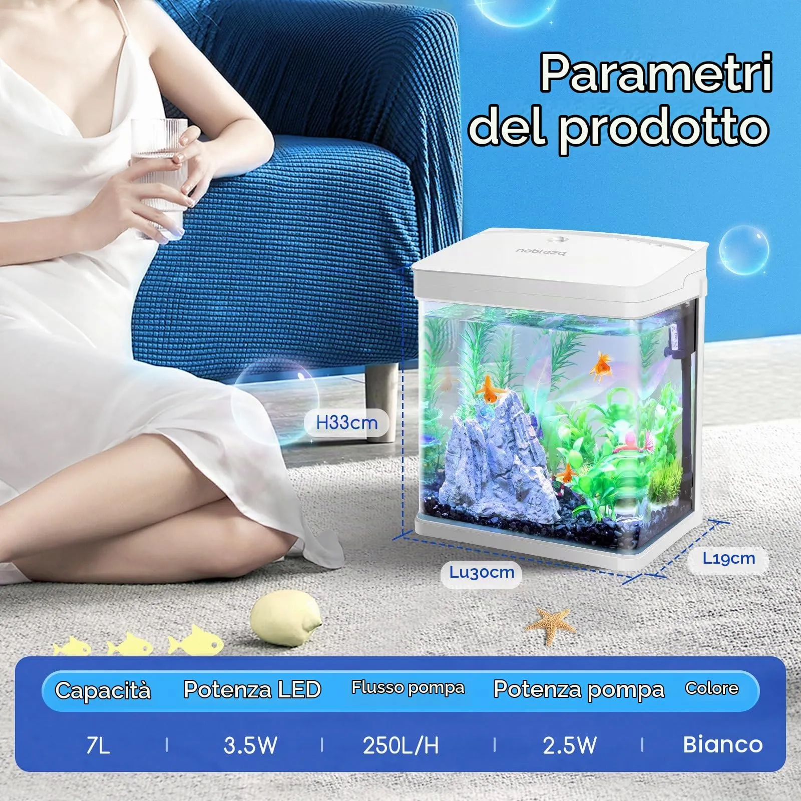 Nobleza Nano Acquario in vetro con illuminazione a LED e filtro, 14 Litri, Bianco - immagine 7