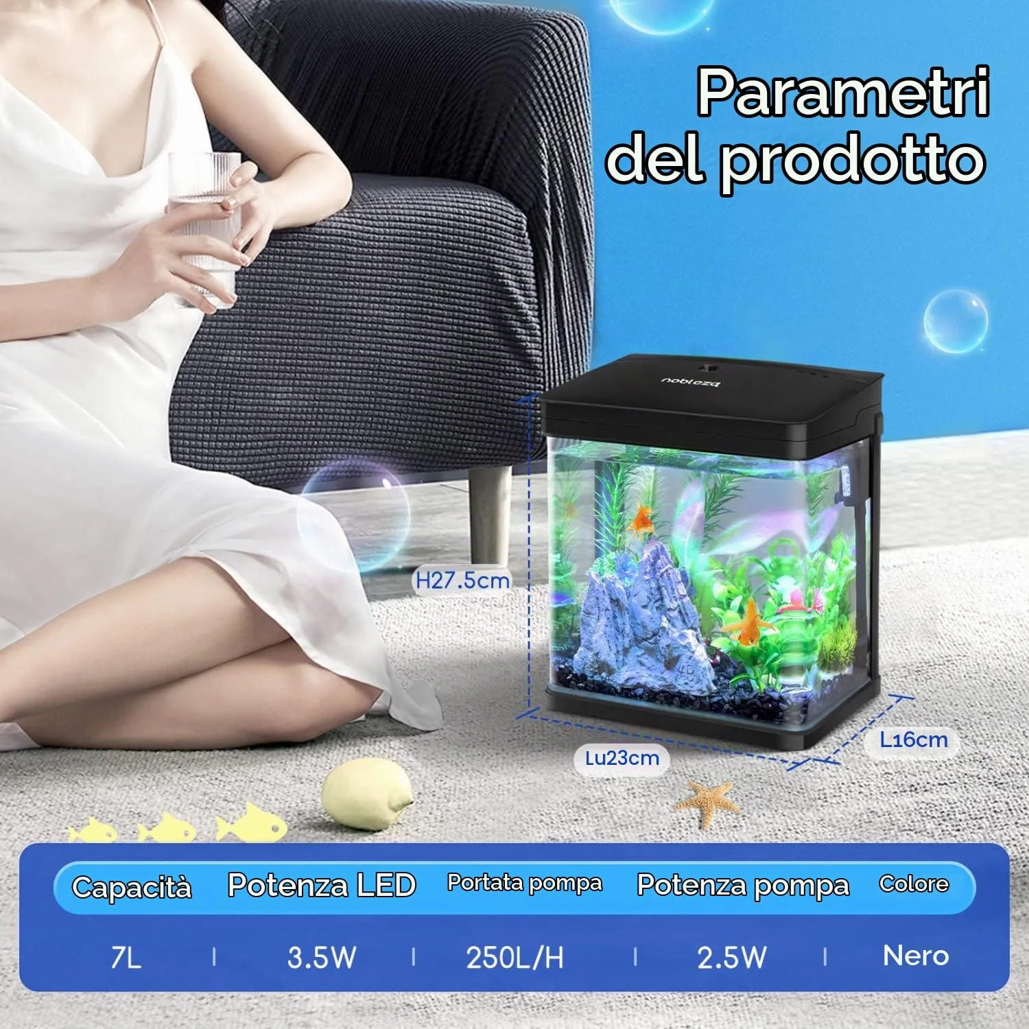 Nobleza Nano Acquario in vetro con filtro, 7 Litri, Nero - immagine 9
