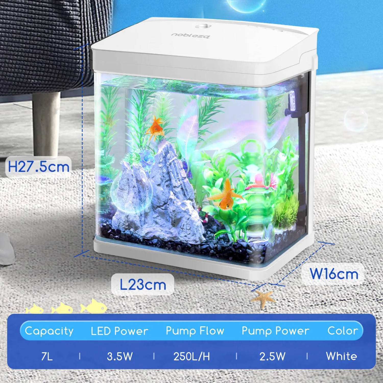 Nobleza Nano Acquario in Vetro e Plastica con Illuminazione a LED e Filtro, 7 Litri, Bianco - immagine 7