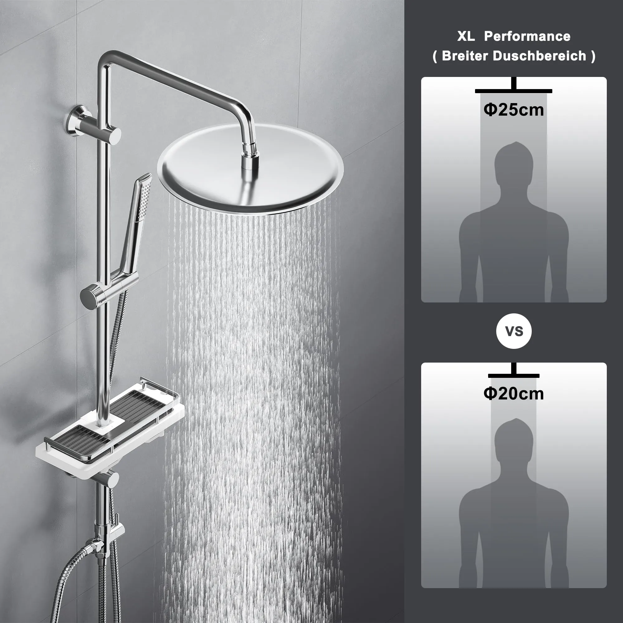 Görbach Colonna Doccia in Acciaio Inox con Soffione a Pioggia 25 cm, Doccetta a Mano e Mensola, Cromo - immagine 2
