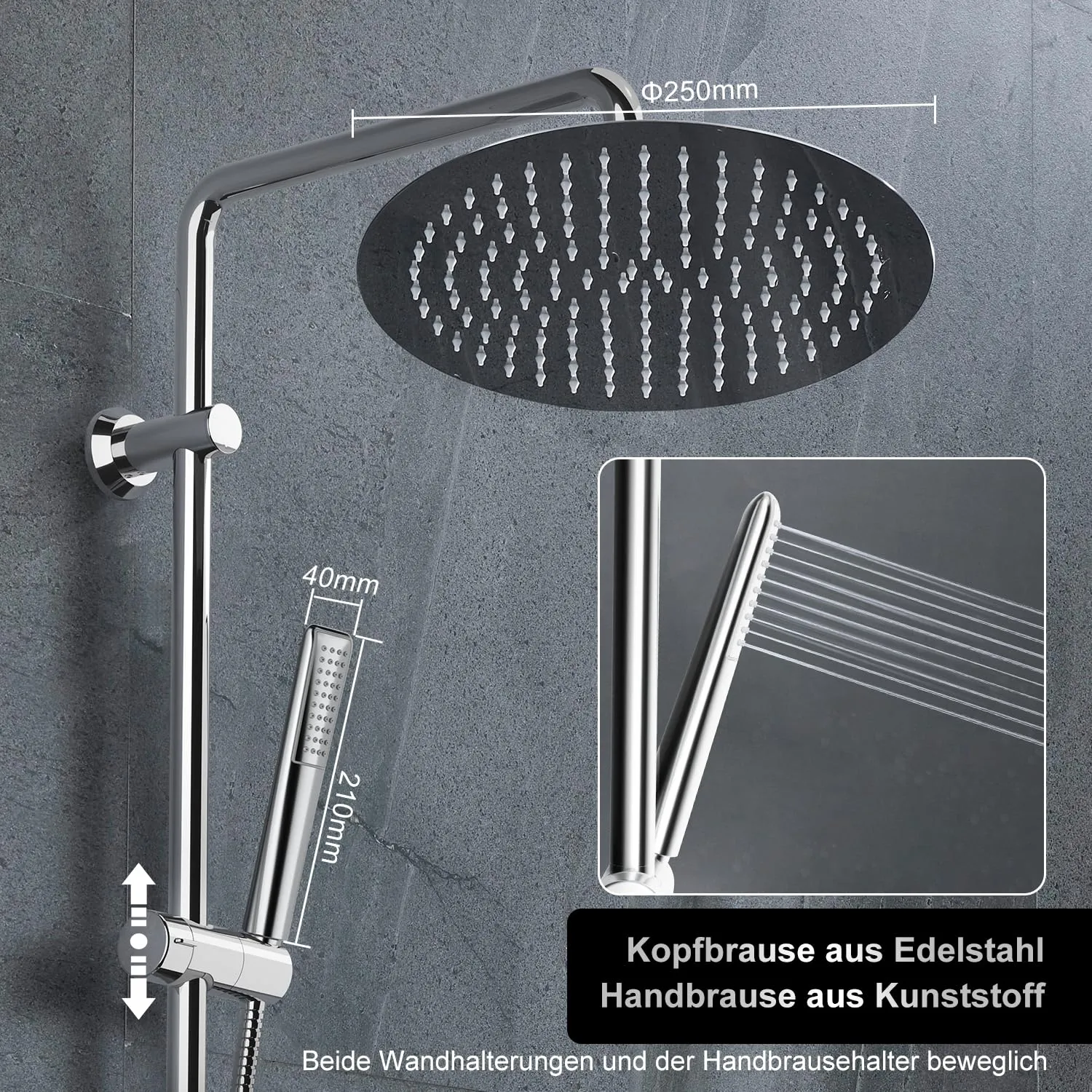 Görbach Colonna Doccia in Acciaio Inox con Soffione a Pioggia 25 cm, Doccetta a Mano e Mensola, Cromo - immagine 3