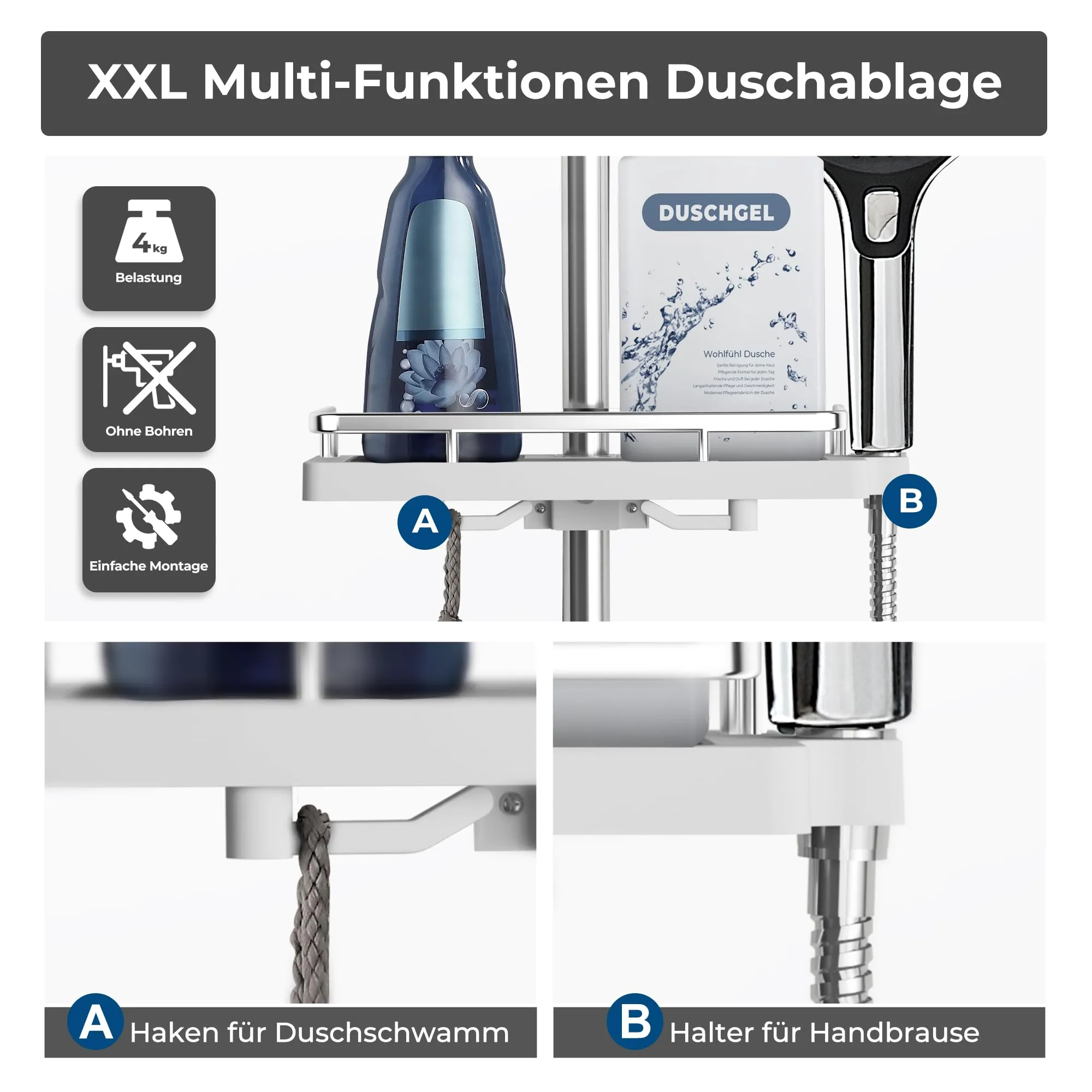 Görbach Colonna Doccia in Acciaio Inox con Soffione a Pioggia 25 cm, Doccetta a Mano e Mensola, Cromo - immagine 5