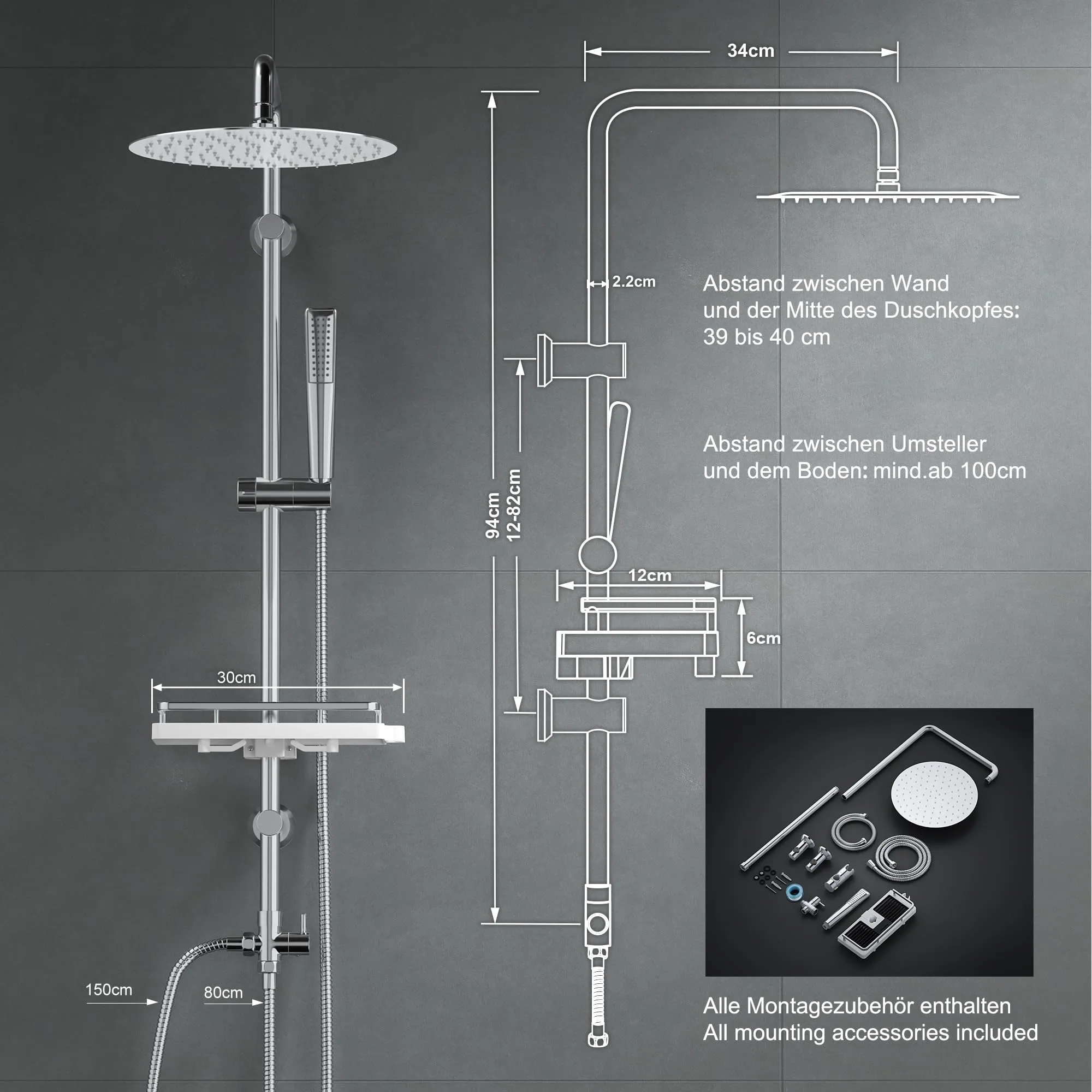 Görbach Colonna Doccia in Acciaio Inox con Soffione a Pioggia 25 cm, Doccetta a Mano e Mensola, Cromo - immagine 6