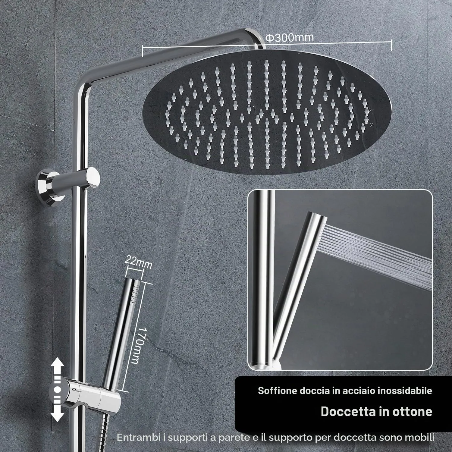 Görbach Colonna Doccia Acciaio Inox con Soffione 30 cm, Set Doccia a Pioggia con Doccetta, Mensola e Asta Regolabile, Cromo (senza Miscelatore) - immagine 3