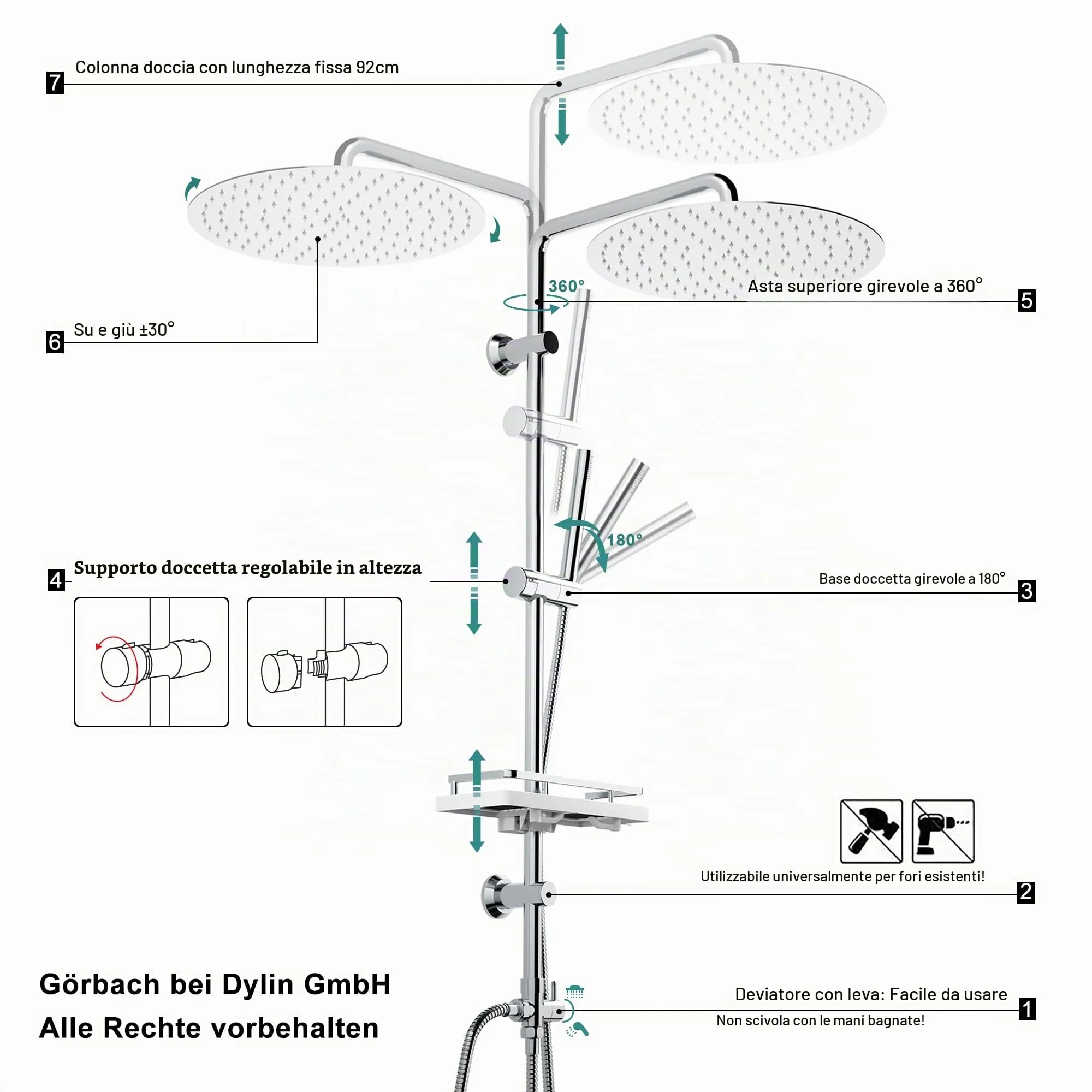 Görbach Colonna Doccia Acciaio Inox con Soffione 30 cm, Set Doccia a Pioggia con Doccetta, Mensola e Asta Regolabile, Cromo (senza Miscelatore) - immagine 4