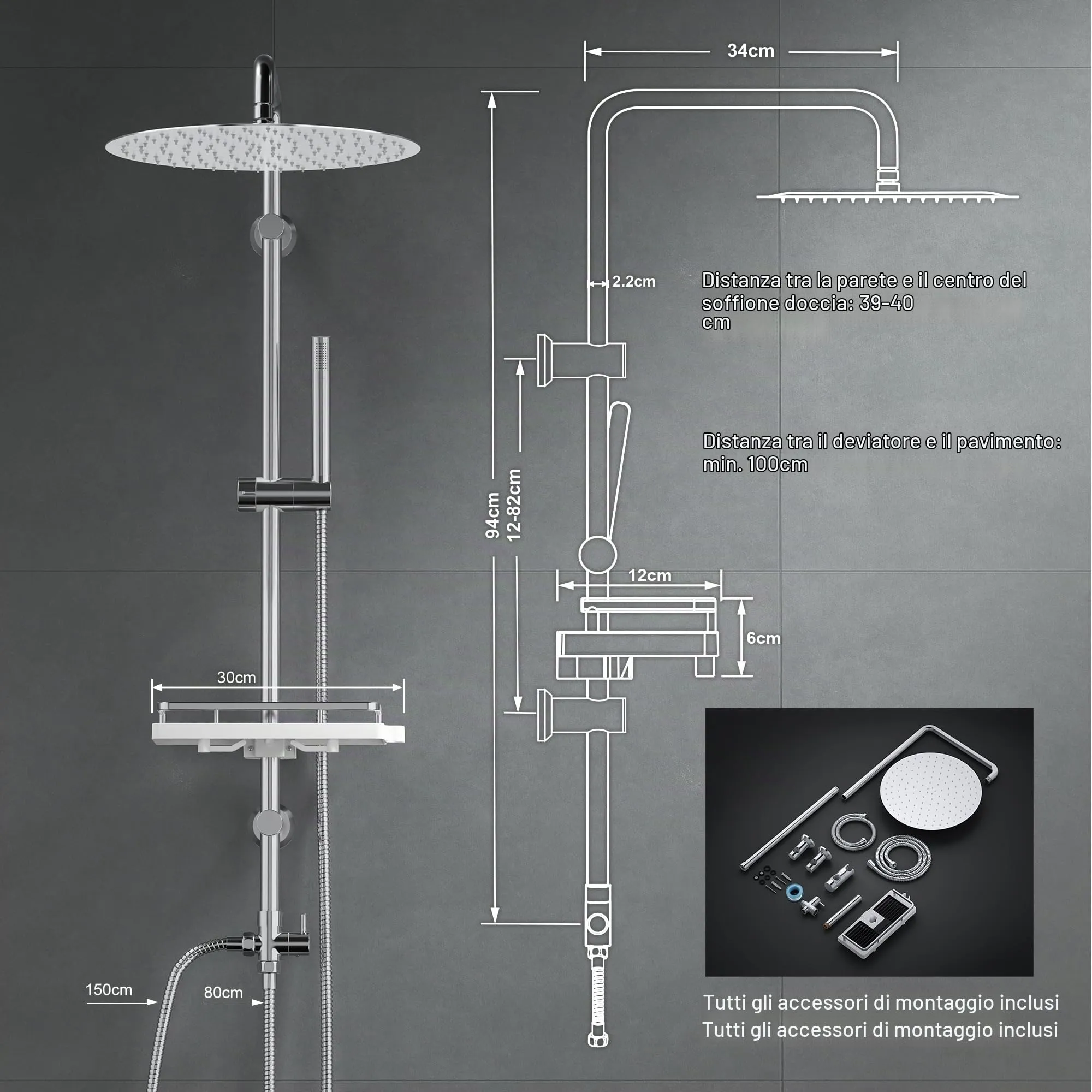 Görbach Colonna Doccia Acciaio Inox con Soffione 30 cm, Set Doccia a Pioggia con Doccetta, Mensola e Asta Regolabile, Cromo (senza Miscelatore) - immagine 6
