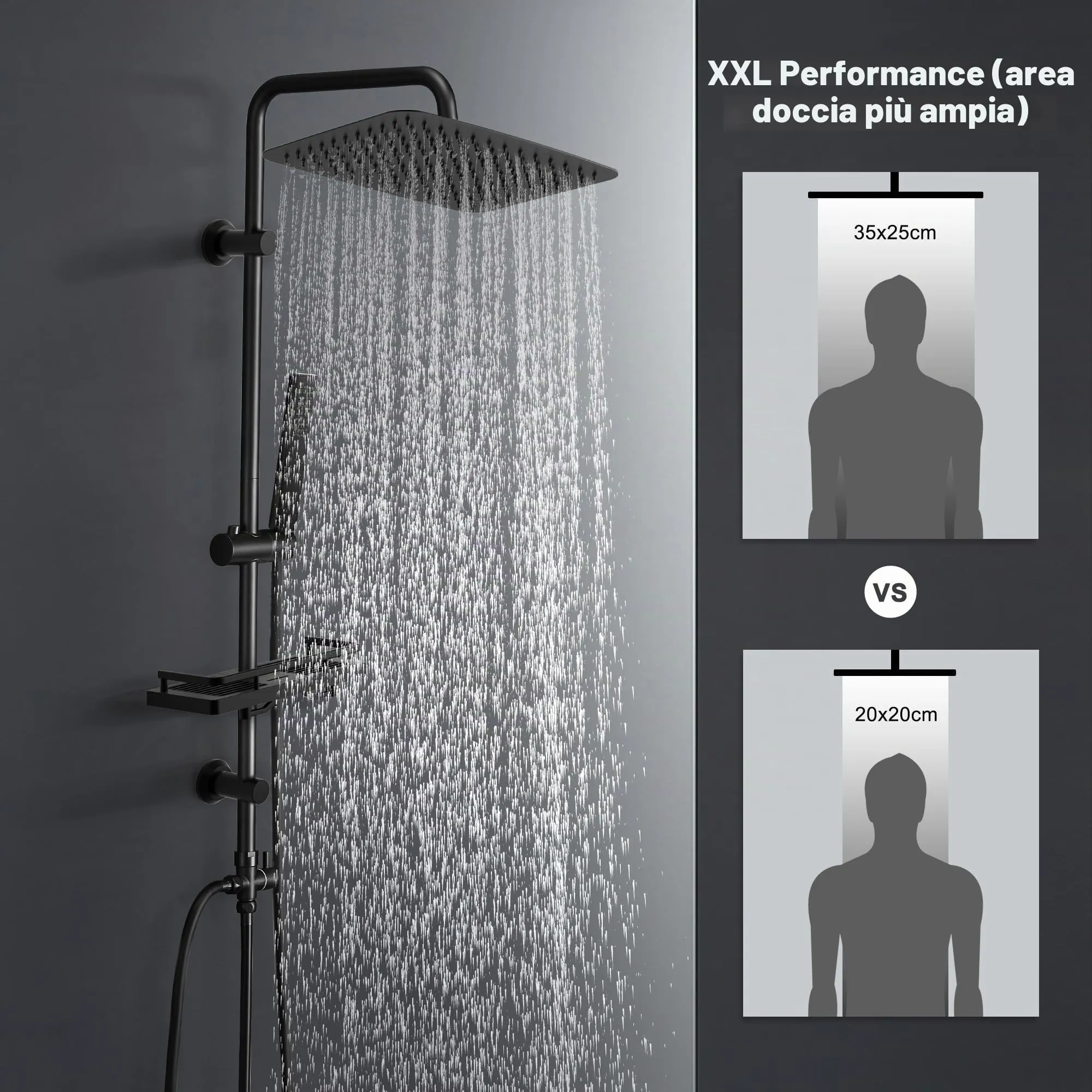Görbach Colonna Doccia in Acciaio Inox con Soffione a Pioggia 35x25 cm, Doccetta, Mensola e Asta Regolabile, Nero - immagine 2