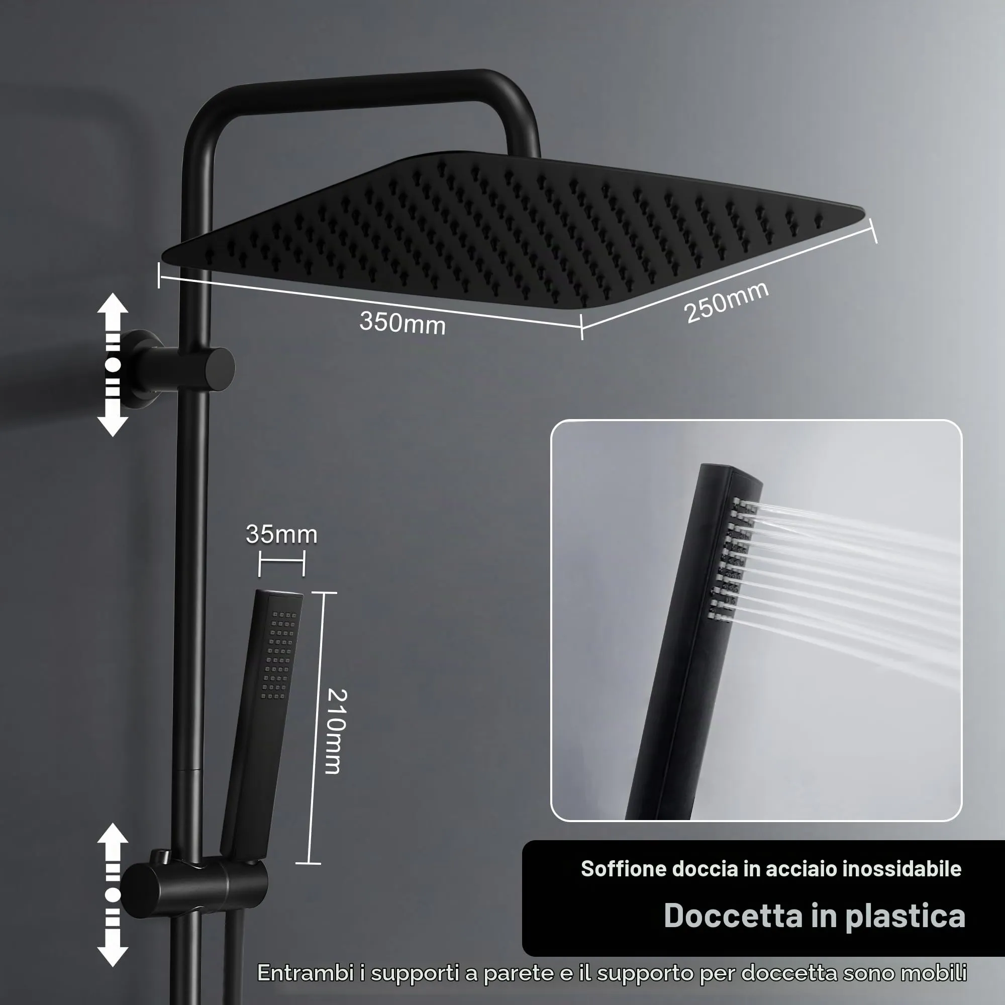 Görbach Colonna Doccia in Acciaio Inox con Soffione a Pioggia 35x25 cm, Doccetta, Mensola e Asta Regolabile, Nero - immagine 3