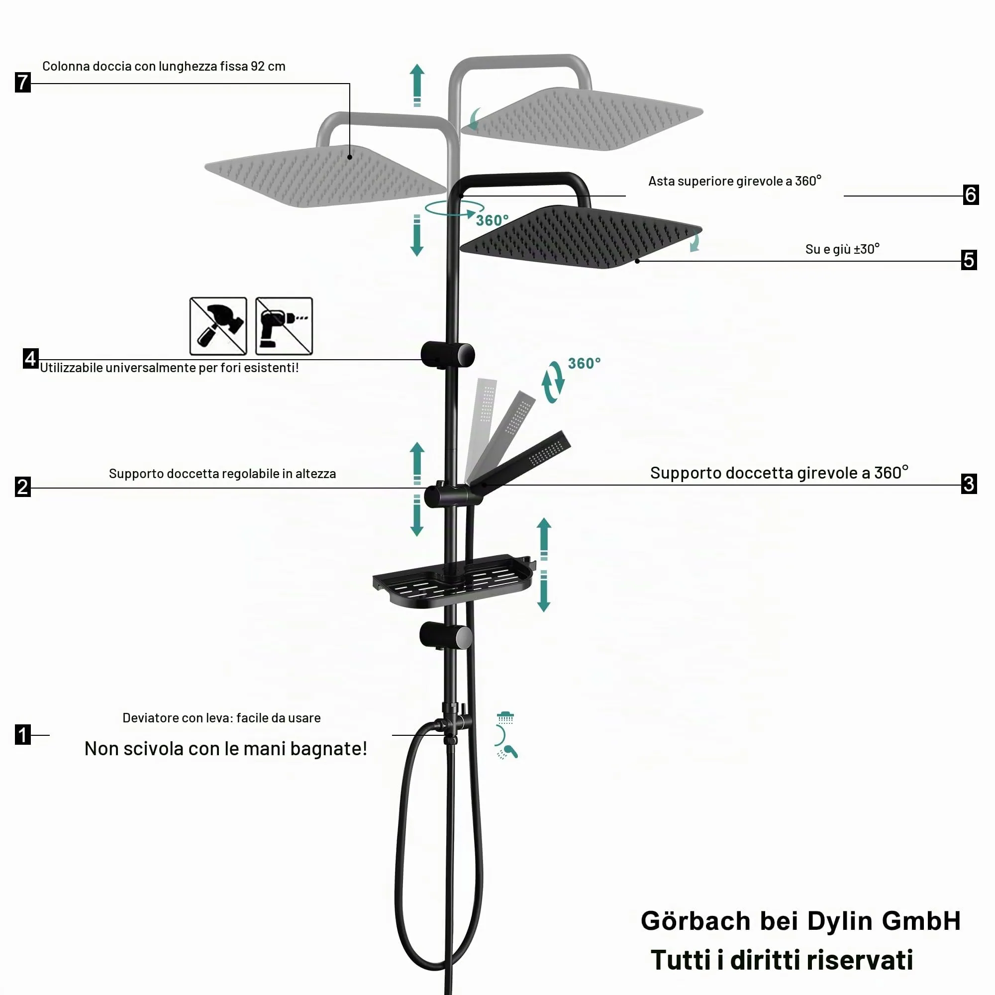 Görbach Colonna Doccia in Acciaio Inox con Soffione a Pioggia 35x25 cm, Doccetta, Mensola e Asta Regolabile, Nero - immagine 5