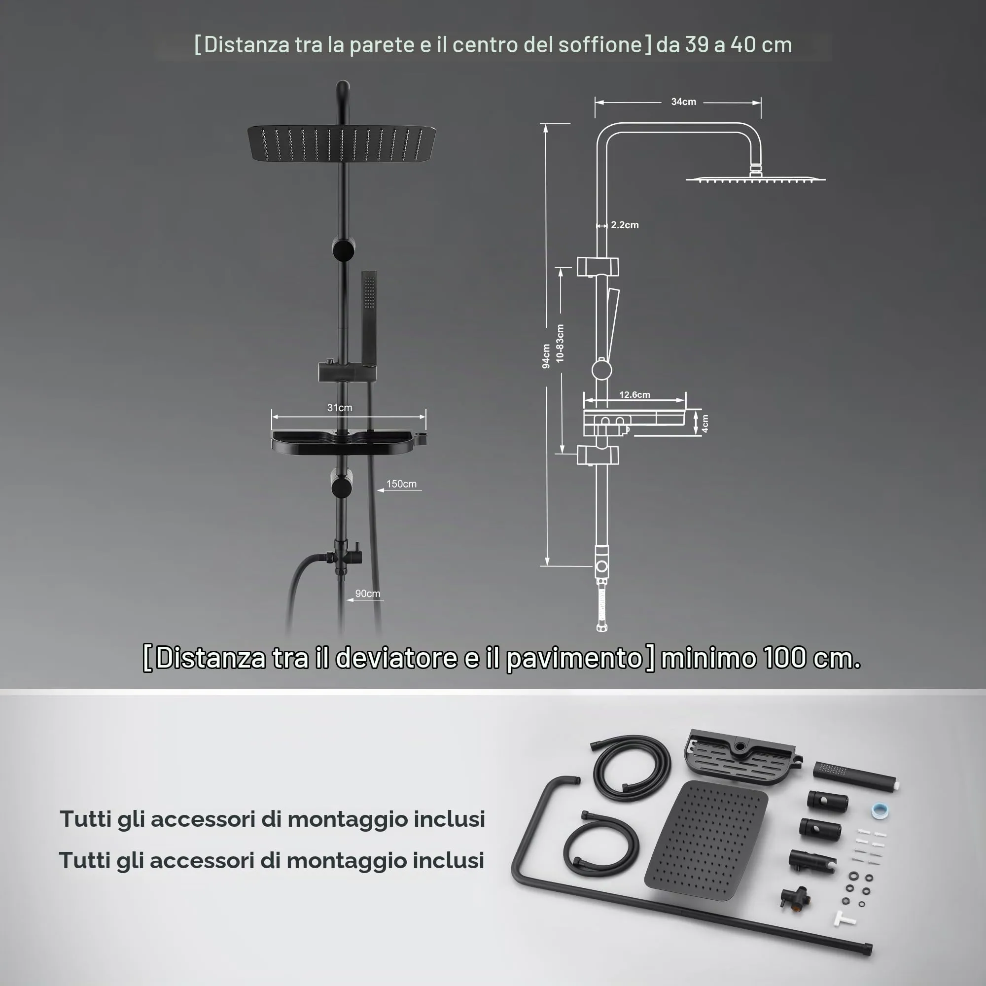 Görbach Colonna Doccia in Acciaio Inox con Soffione a Pioggia 35x25 cm, Doccetta, Mensola e Asta Regolabile, Nero - immagine 6