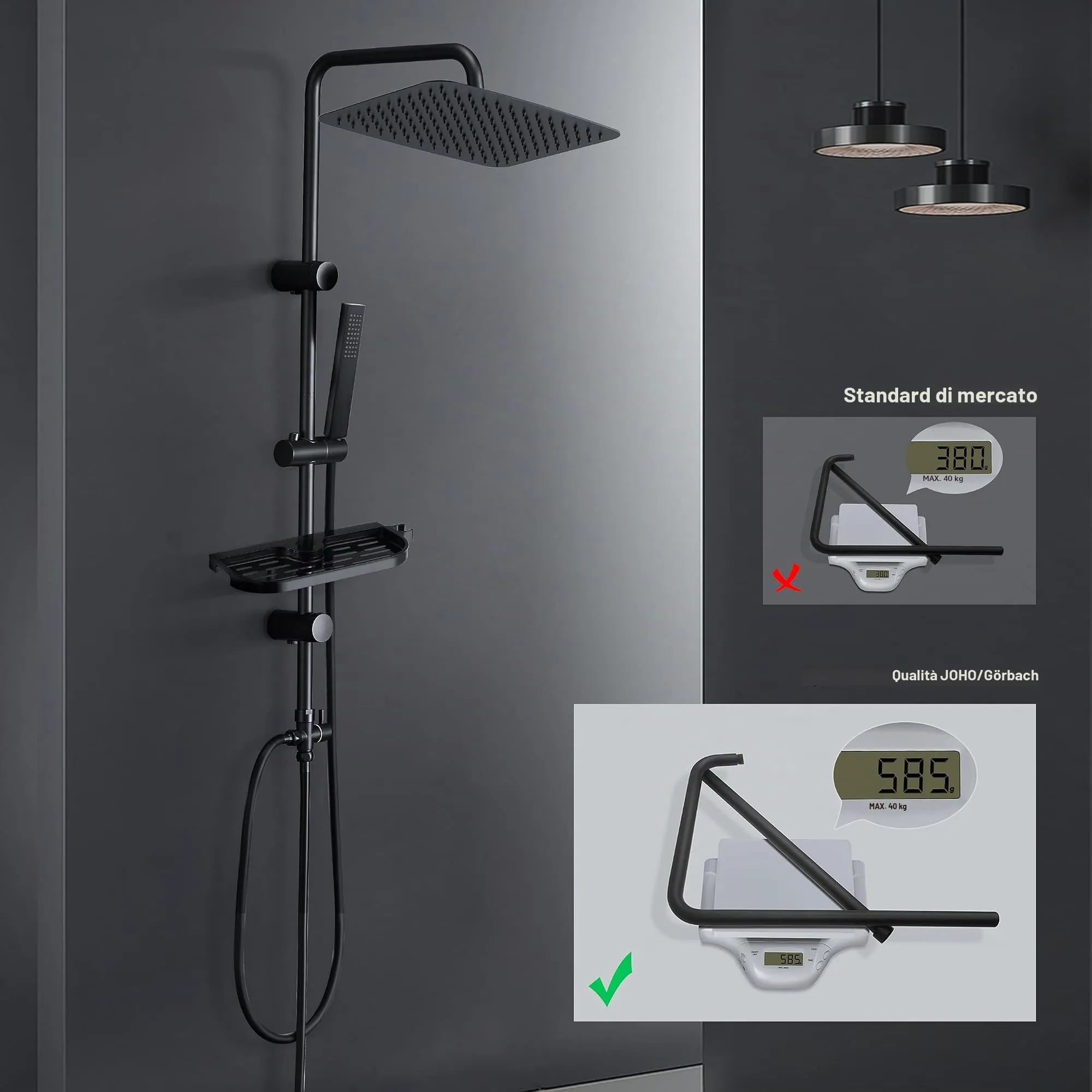 Görbach Colonna Doccia in Acciaio Inox con Soffione a Pioggia 35x25 cm, Doccetta, Mensola e Asta Regolabile, Nero - immagine 7
