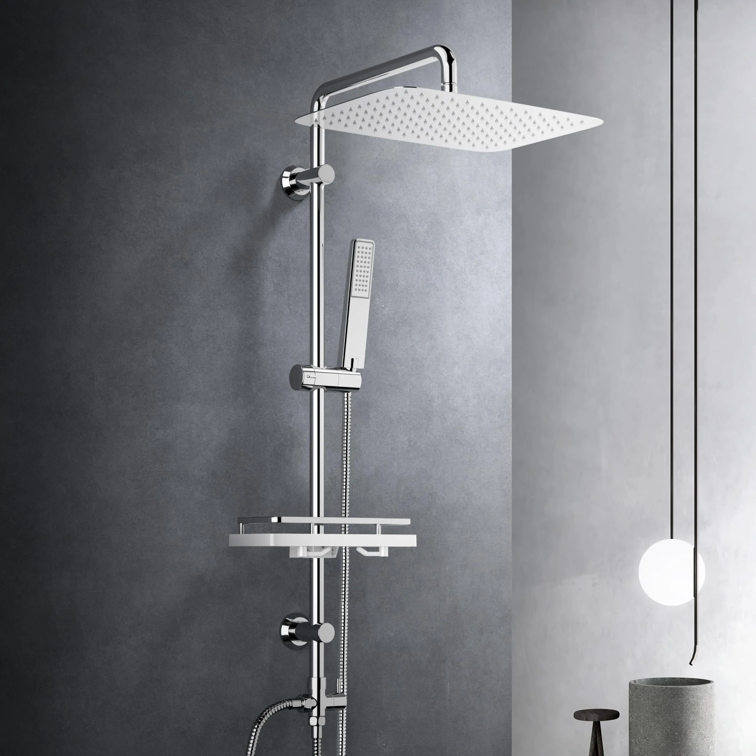 Görbach Colonna Doccia in Acciaio Inox Cromo con Soffione 35x25 cm, Doccetta, Mensola e Asta Regolabile (Senza Miscelatore) - immagine 1