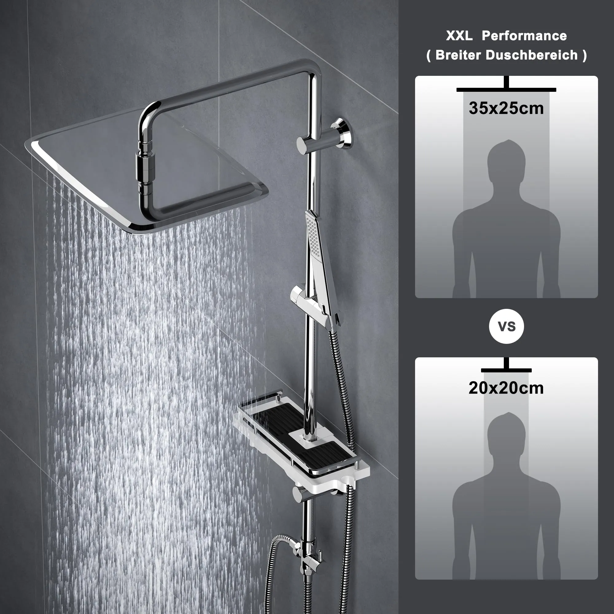 Görbach Colonna Doccia in Acciaio Inox Cromo con Soffione 35x25 cm, Doccetta, Mensola e Asta Regolabile (Senza Miscelatore) - immagine 2