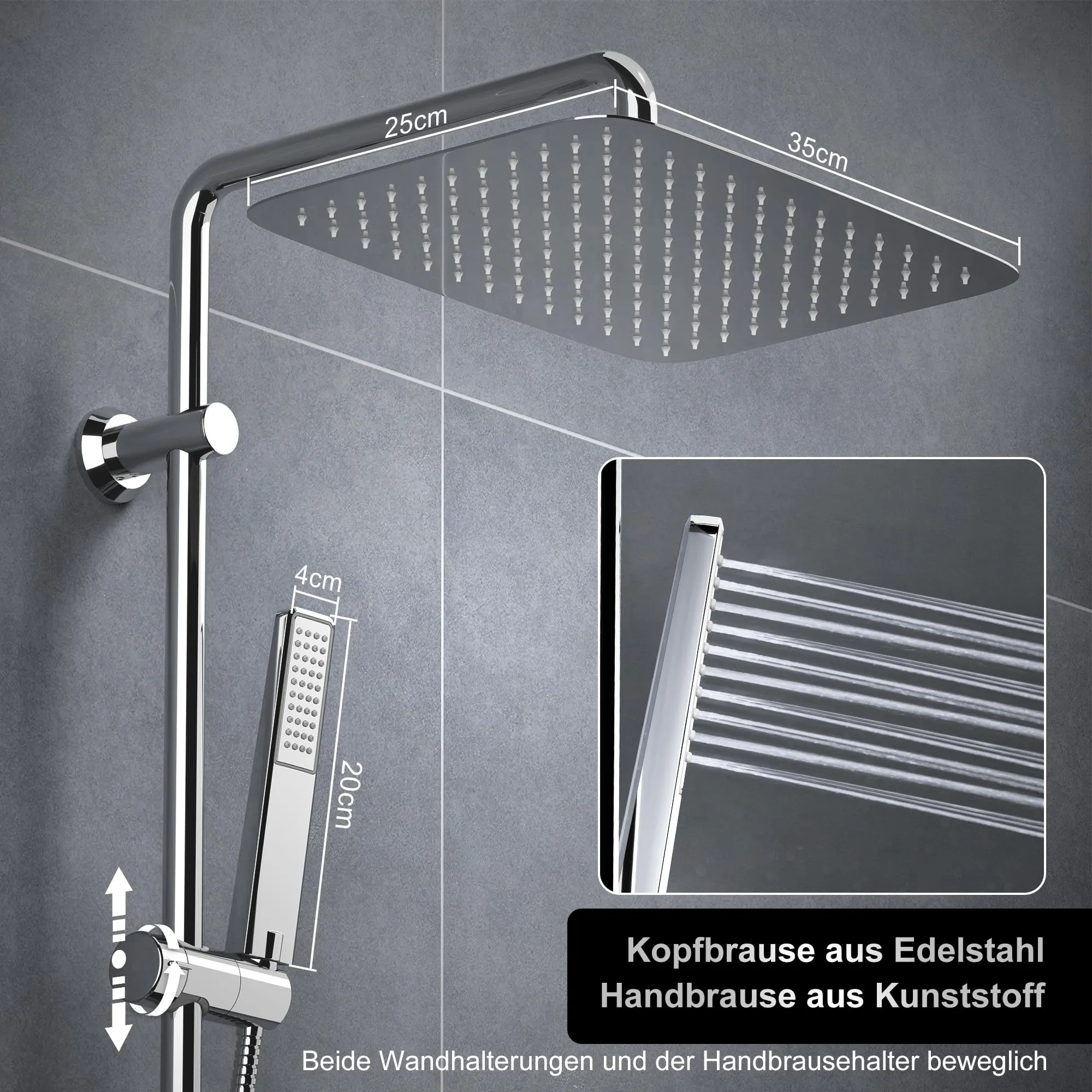 Görbach Colonna Doccia in Acciaio Inox Cromo con Soffione 35x25 cm, Doccetta, Mensola e Asta Regolabile (Senza Miscelatore) - immagine 3