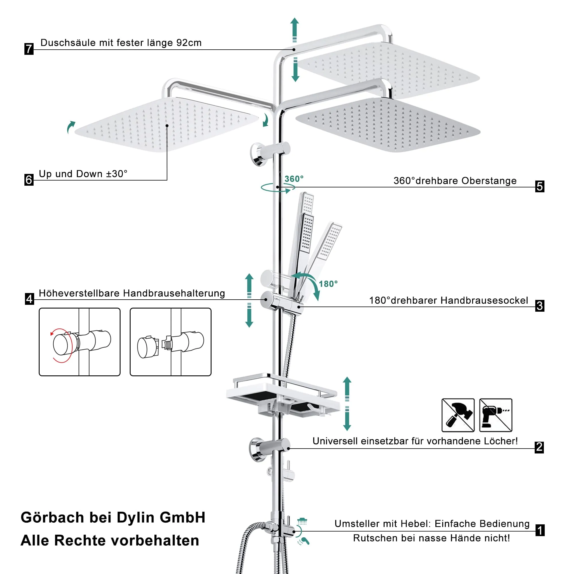 Görbach Colonna Doccia in Acciaio Inox Cromo con Soffione 35x25 cm, Doccetta, Mensola e Asta Regolabile (Senza Miscelatore) - immagine 5