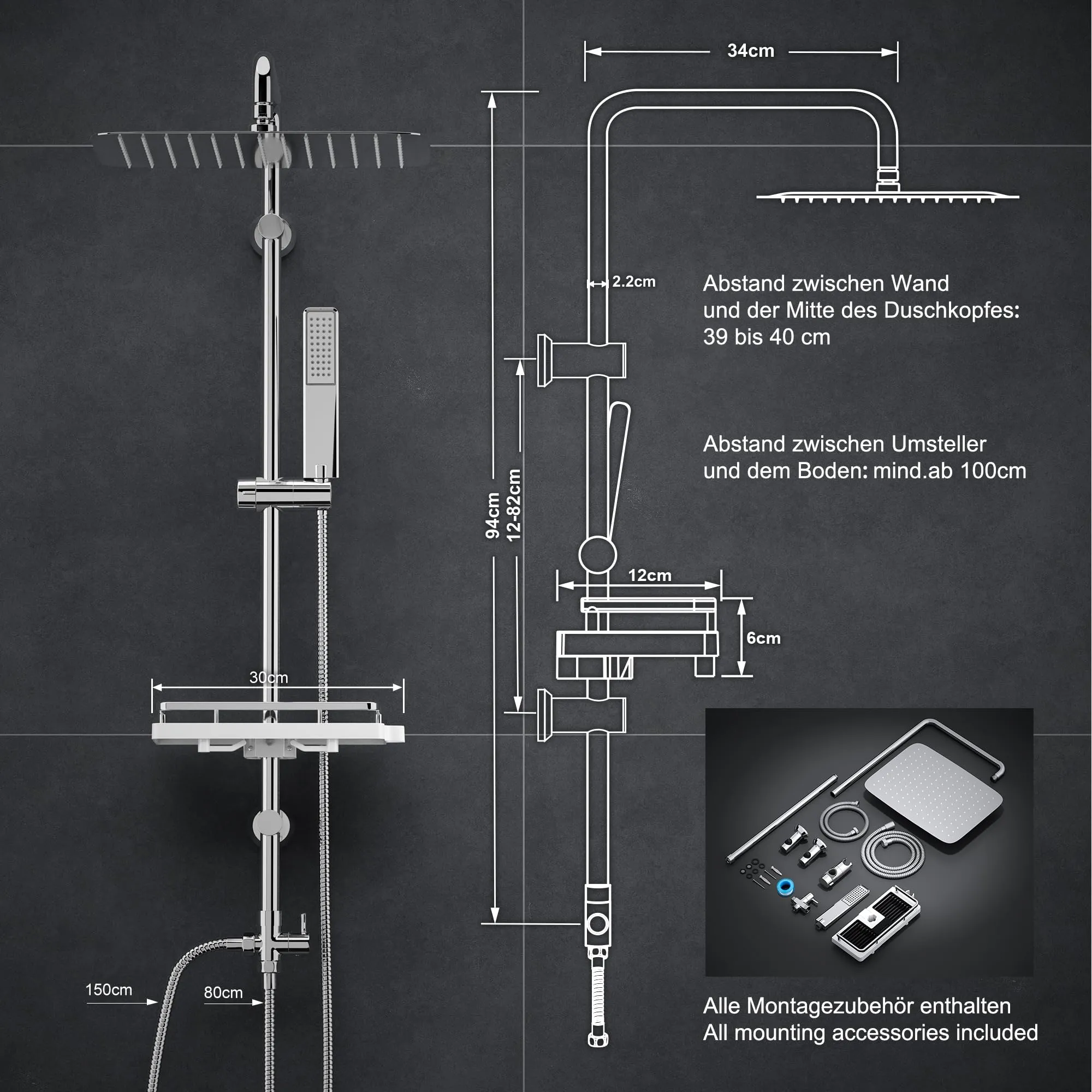 Görbach Colonna Doccia in Acciaio Inox Cromo con Soffione 35x25 cm, Doccetta, Mensola e Asta Regolabile (Senza Miscelatore) - immagine 6