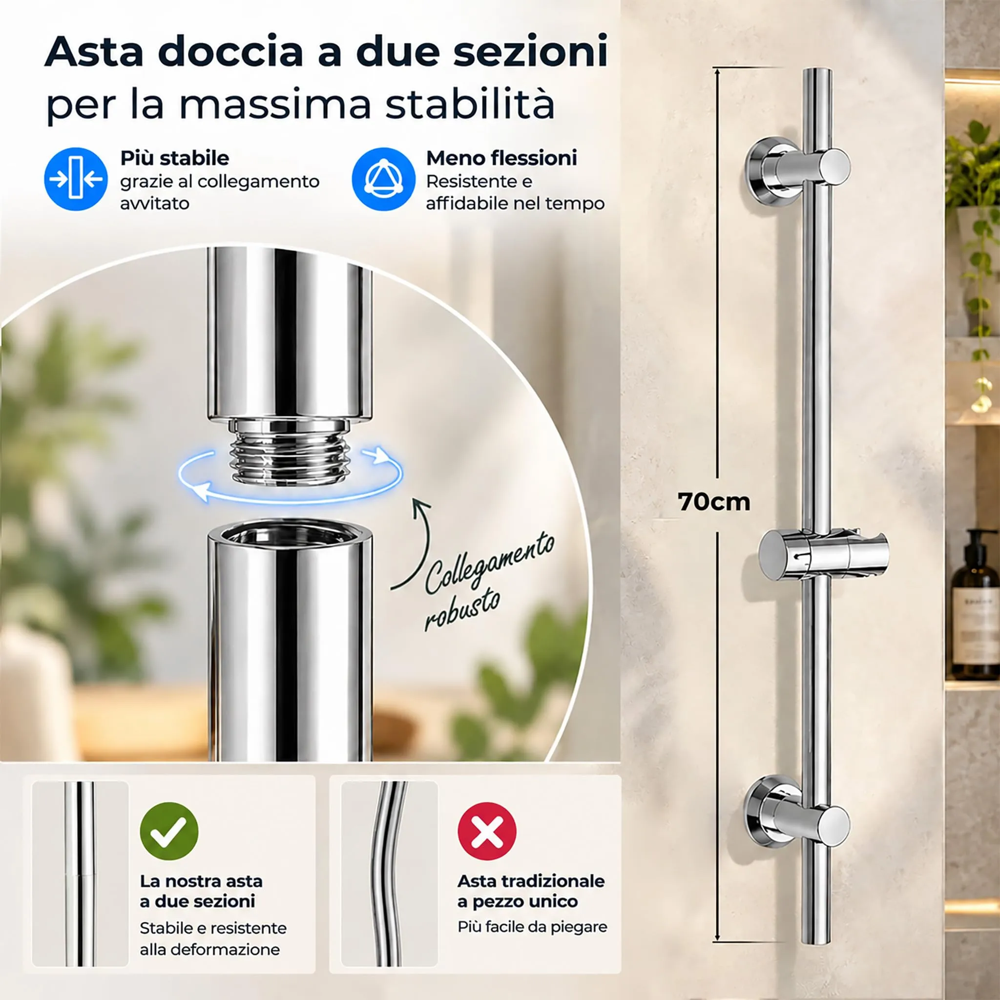 Görbach Colonna Doccia in Acciaio Inox, Asta Doccia 70 cm con Supporto Soffione Regolabile, Cromo - immagine 2