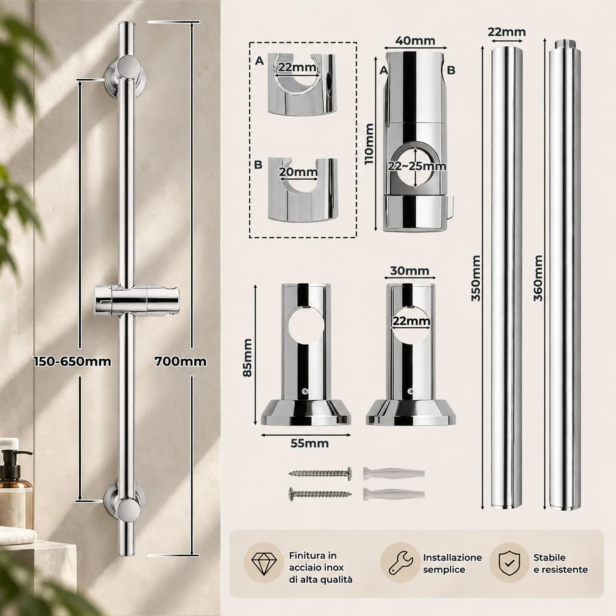 Görbach Colonna Doccia in Acciaio Inox, Asta Doccia 70 cm con Supporto Soffione Regolabile, Cromo - immagine 6