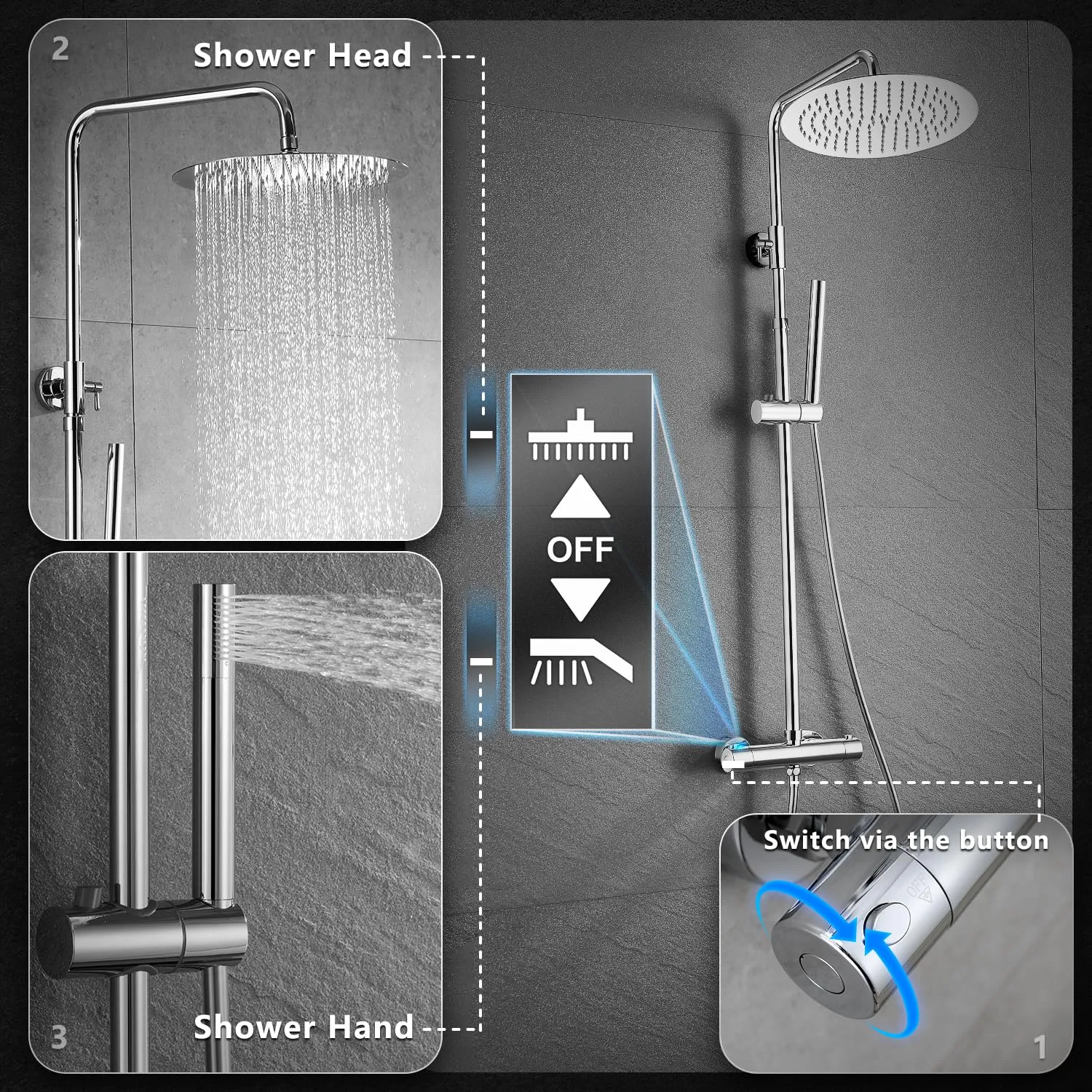 Görbach Colonna Doccia in Acciaio Inox con Miscelatore Termostatico e Soffione 25 cm, Cromo TD25CP - immagine 4