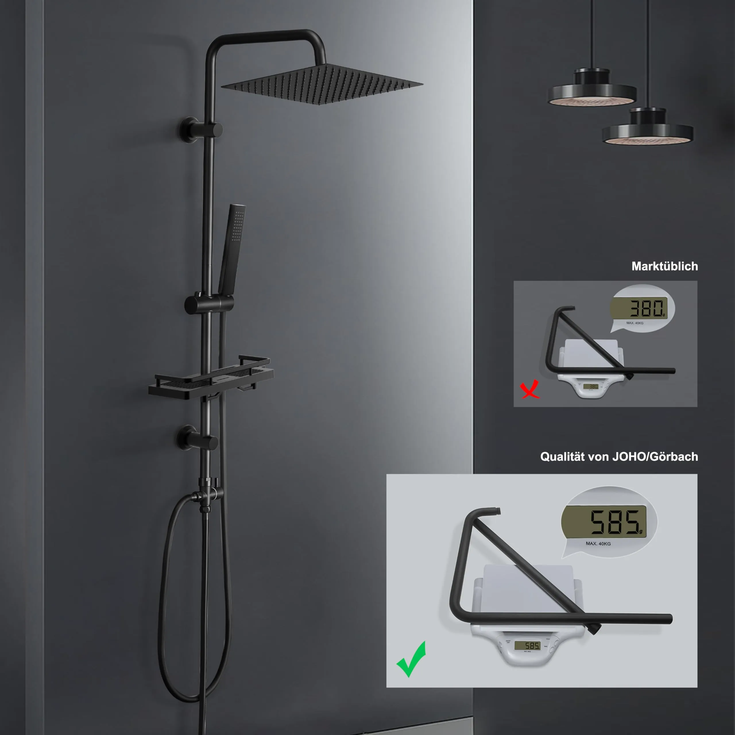 Görbach Colonna Doccia in Acciaio Inox con Soffione 20x20 cm, Doccetta e Mensola, Nero - immagine 2