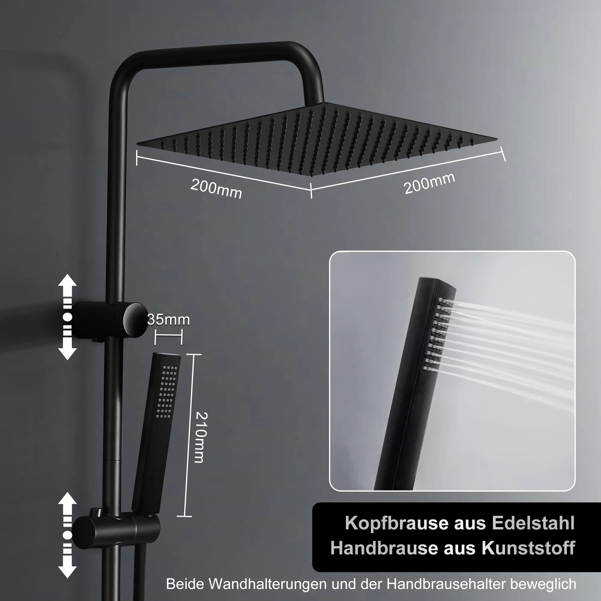 Görbach Colonna Doccia in Acciaio Inox con Soffione 20x20 cm, Doccetta e Mensola, Nero - immagine 3