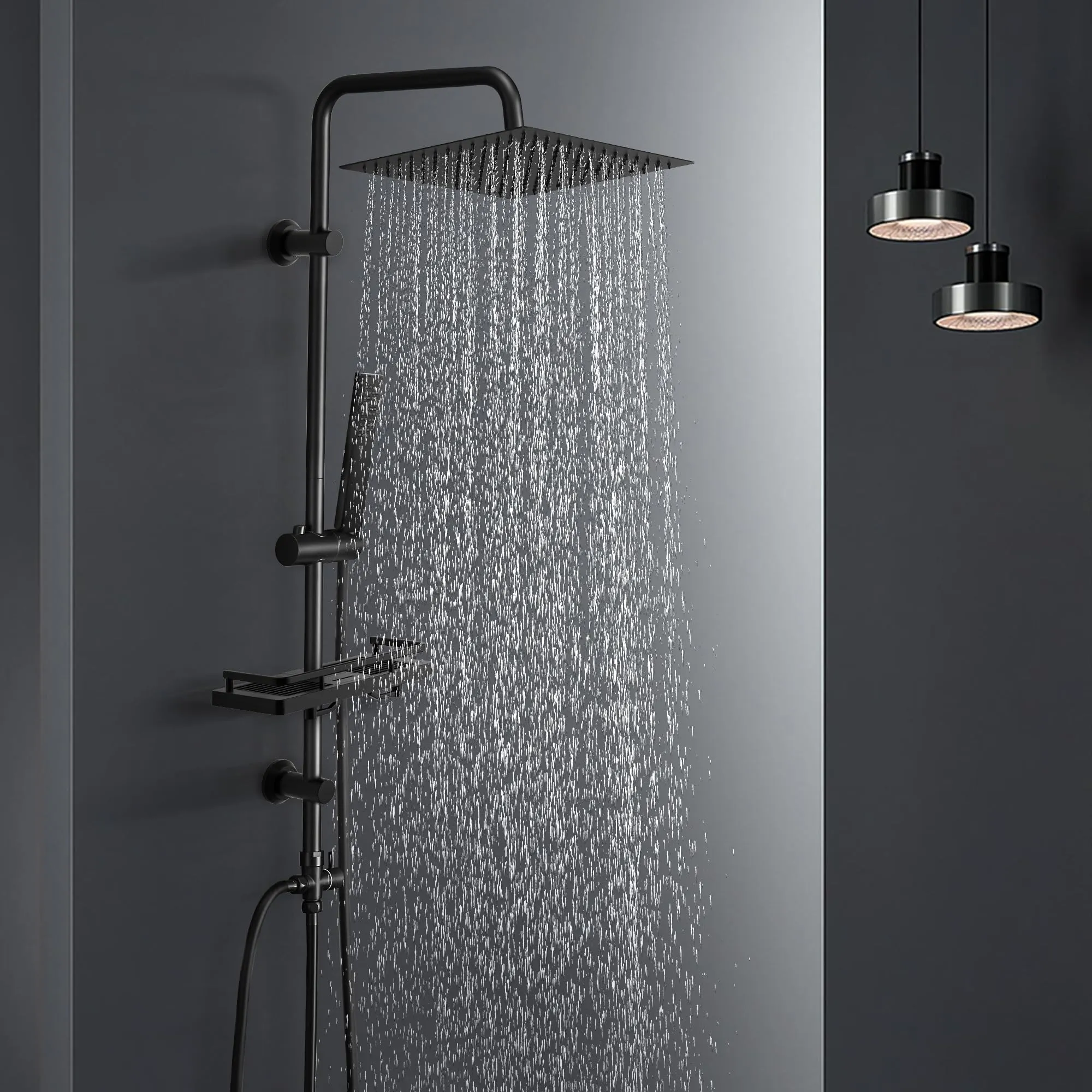 Görbach Colonna Doccia in Acciaio Inox con Soffione 20x20 cm, Doccetta e Mensola, Nero - immagine 7