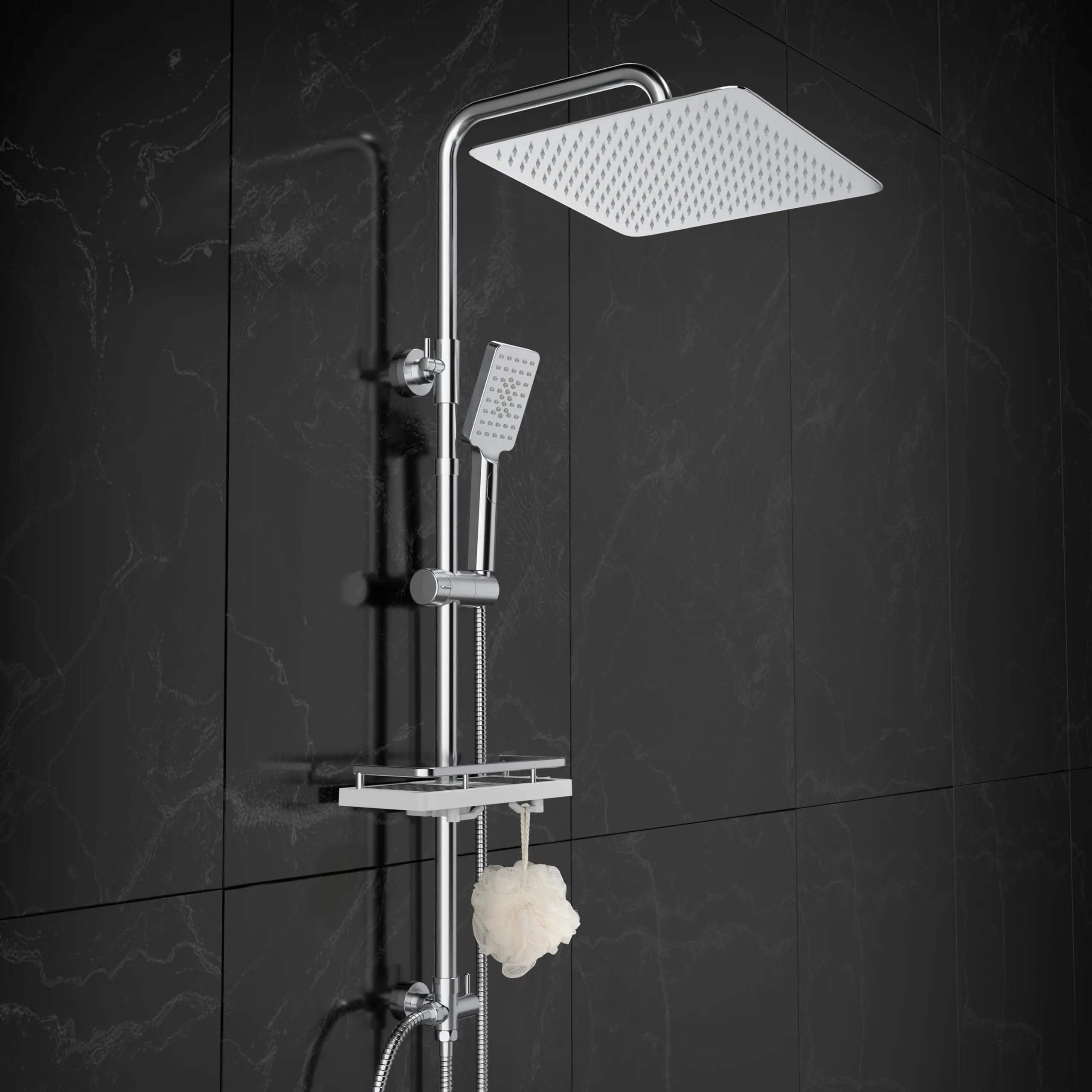 Görbach Colonna Doccia in Acciaio Inox SJ-3030CP con Soffione 25x25 cm, Doccetta e Mensola, Cromo - immagine 1