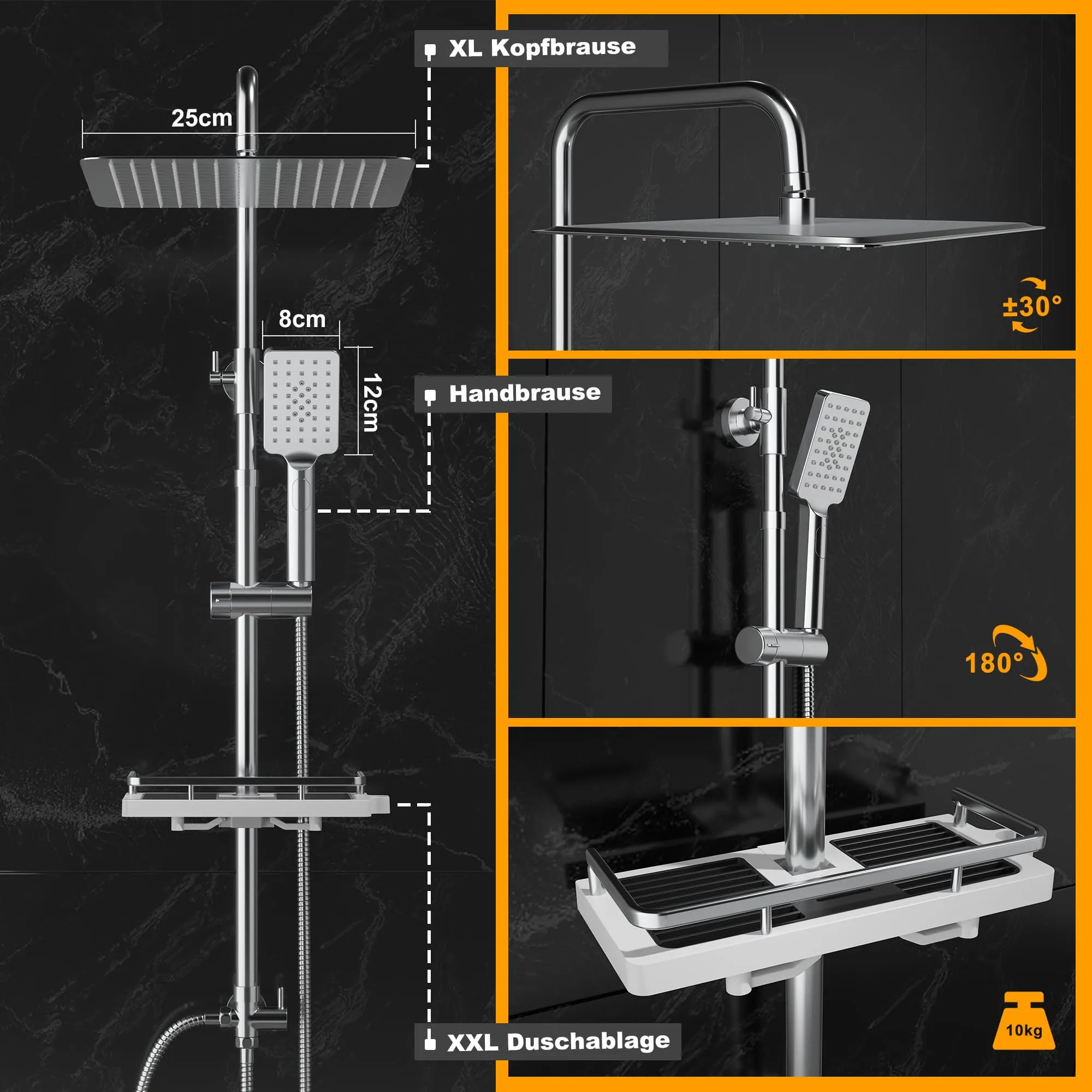 Görbach Colonna Doccia in Acciaio Inox SJ-3030CP con Soffione 25x25 cm, Doccetta e Mensola, Cromo - immagine 4