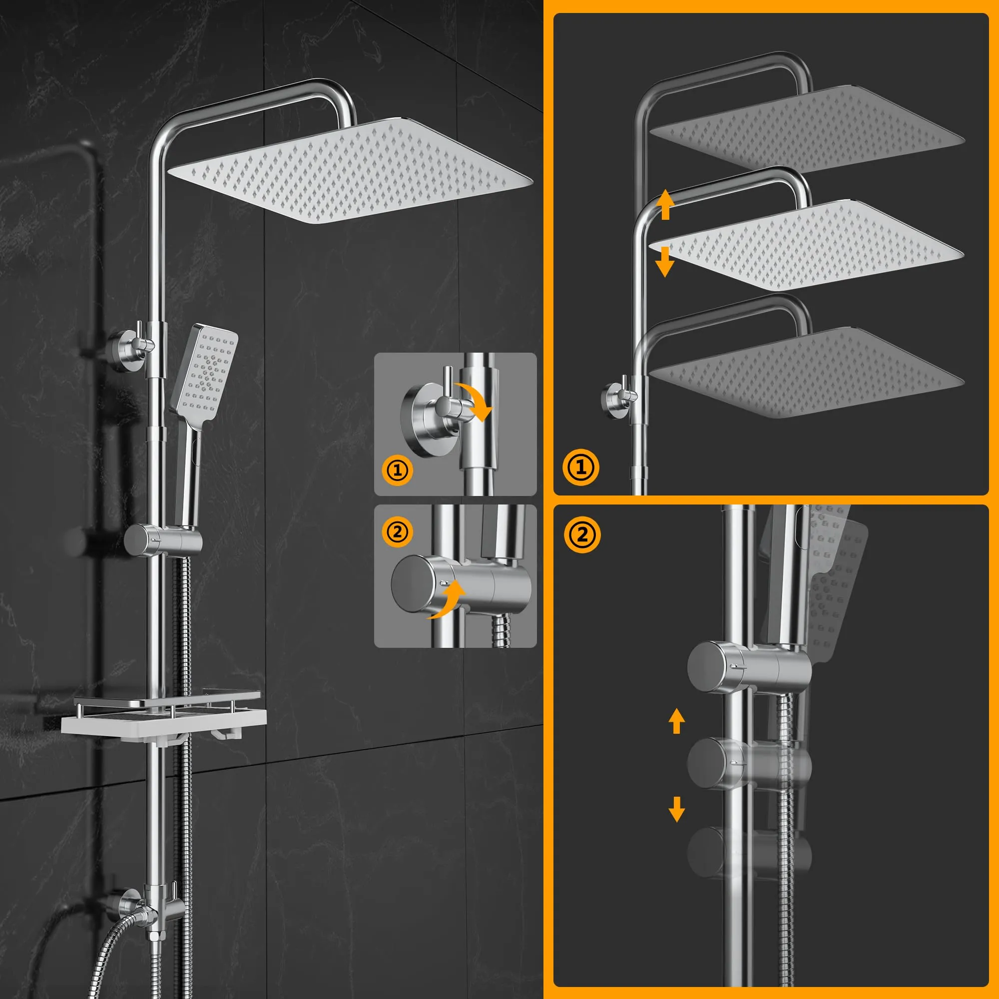 Görbach Colonna Doccia in Acciaio Inox SJ-3030CP con Soffione 25x25 cm, Doccetta e Mensola, Cromo - immagine 5