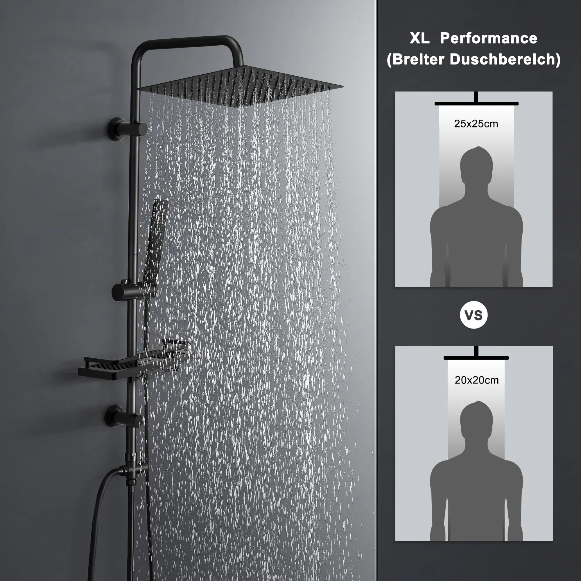 Görbach Colonna Doccia in Acciaio Inox Nero con Soffione 25x25 cm, Doccetta e Mensola, senza Miscelatore - immagine 2