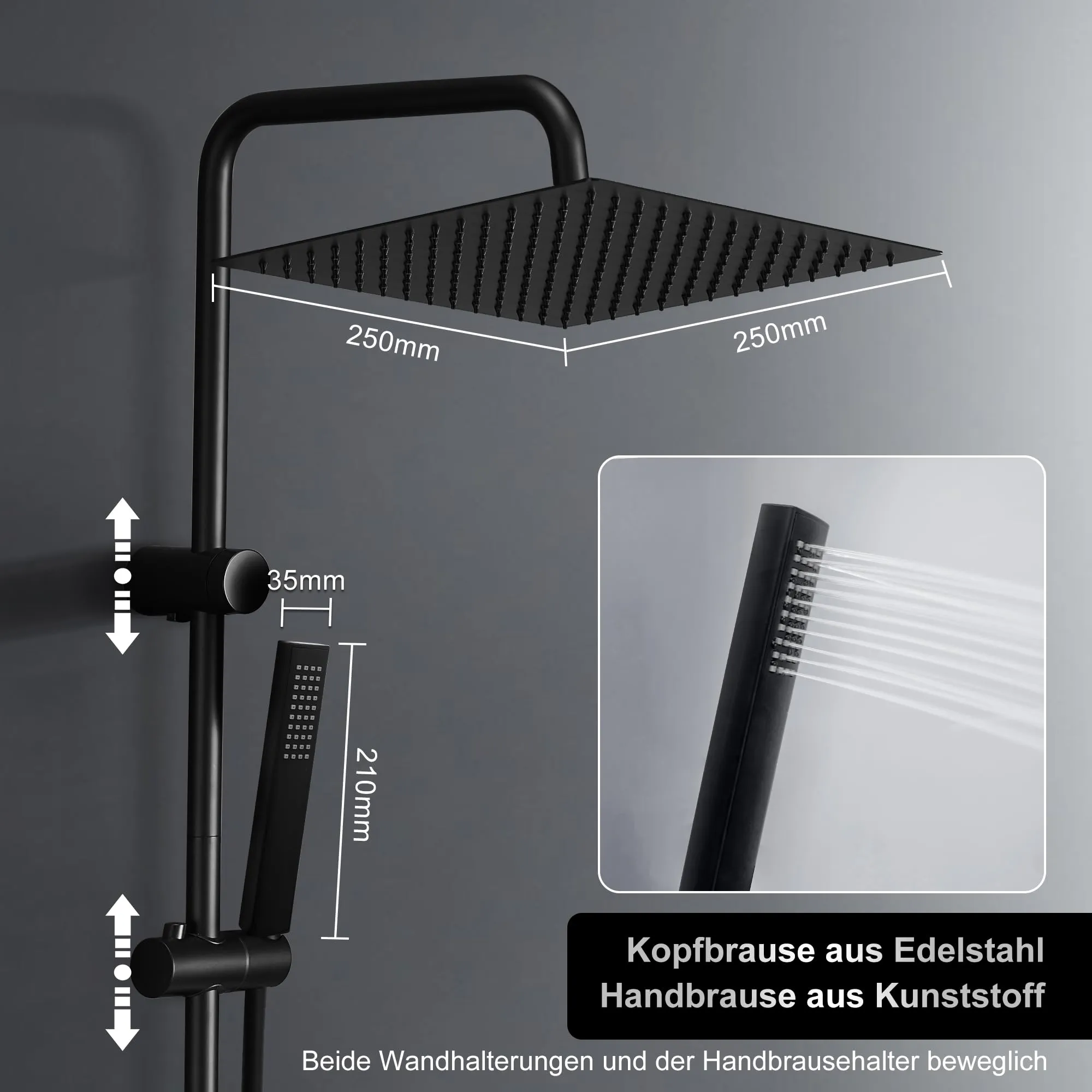 Görbach Colonna Doccia in Acciaio Inox Nero con Soffione 25x25 cm, Doccetta e Mensola, senza Miscelatore - immagine 3