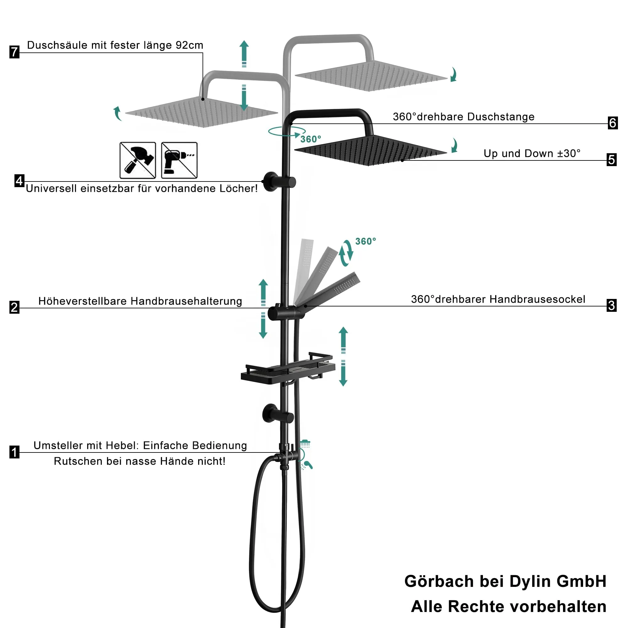 Görbach Colonna Doccia in Acciaio Inox Nero con Soffione 25x25 cm, Doccetta e Mensola, senza Miscelatore - immagine 5