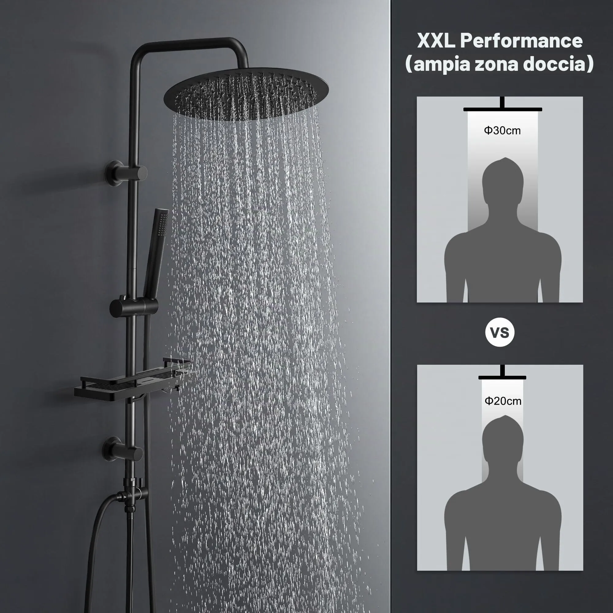 Görbach Colonna Doccia in Acciaio Inox con Soffione a Pioggia 30 cm, Doccetta, Mensola e Asta Regolabile - Nero - immagine 2