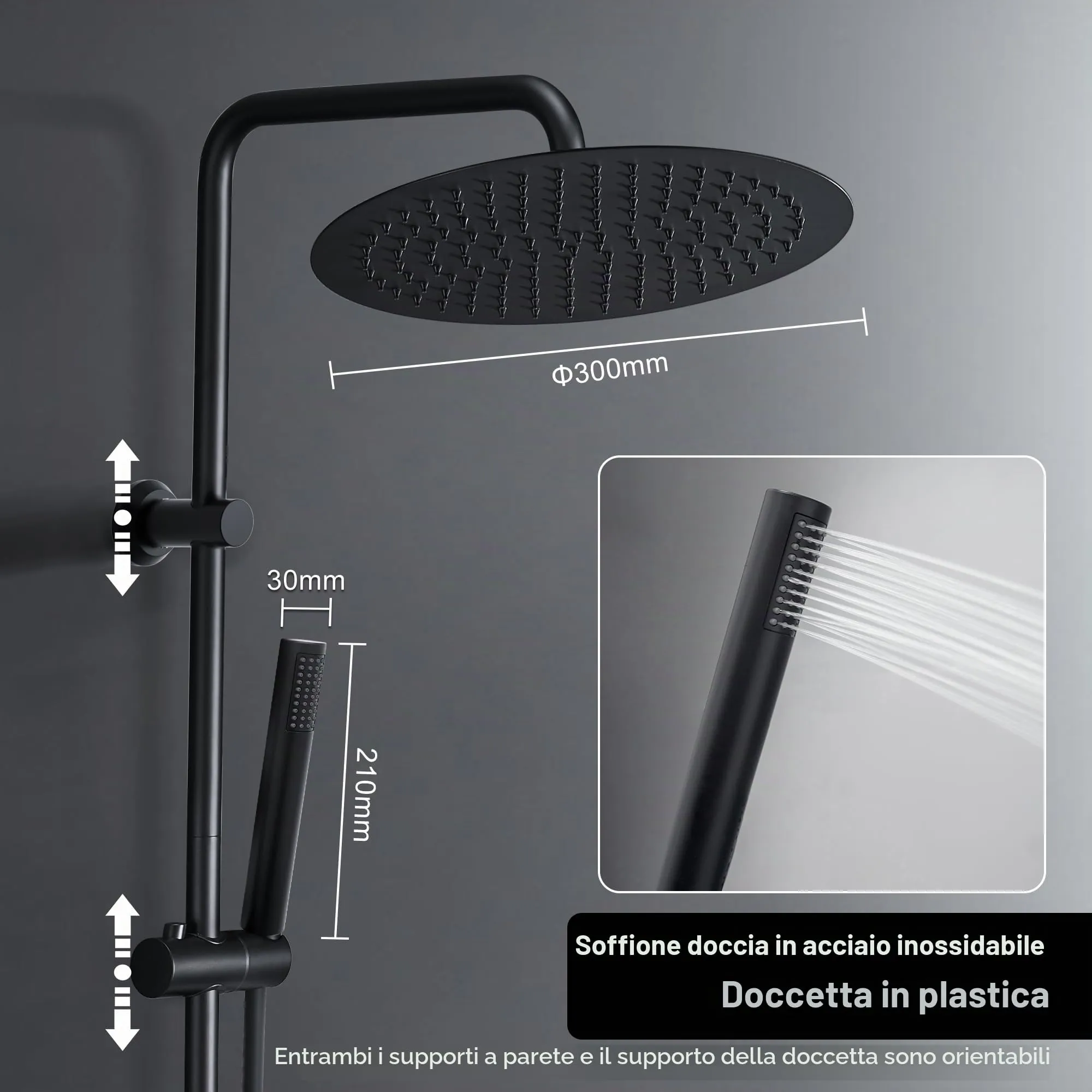 Görbach Colonna Doccia in Acciaio Inox con Soffione a Pioggia 30 cm, Doccetta, Mensola e Asta Regolabile - Nero - immagine 3