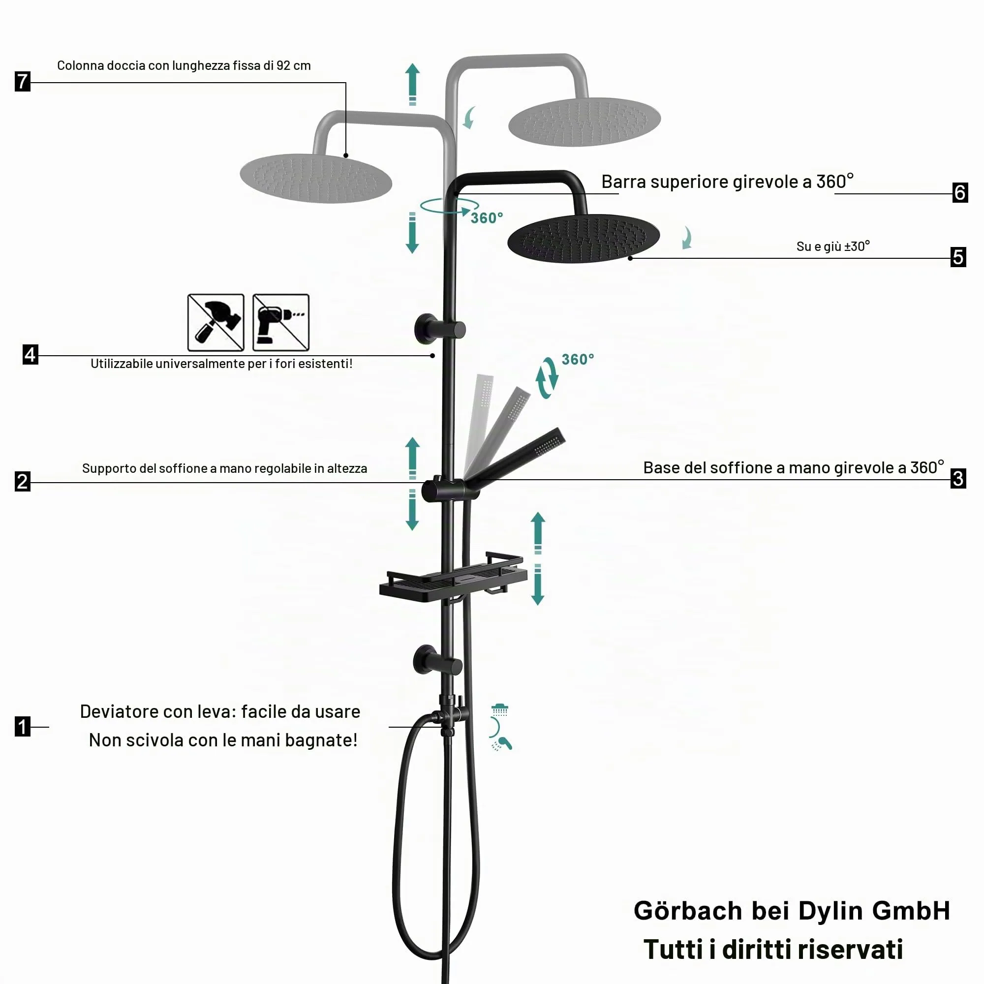 Görbach Colonna Doccia in Acciaio Inox con Soffione a Pioggia 30 cm, Doccetta, Mensola e Asta Regolabile - Nero - immagine 5