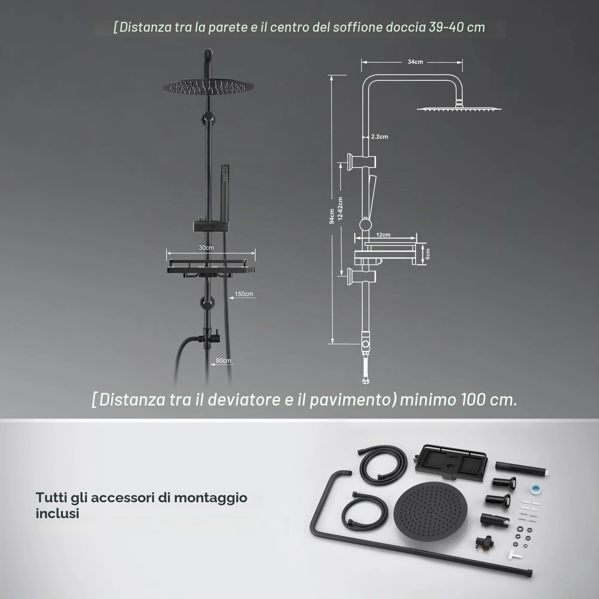 Görbach Colonna Doccia in Acciaio Inox con Soffione a Pioggia 30 cm, Doccetta, Mensola e Asta Regolabile - Nero - immagine 6