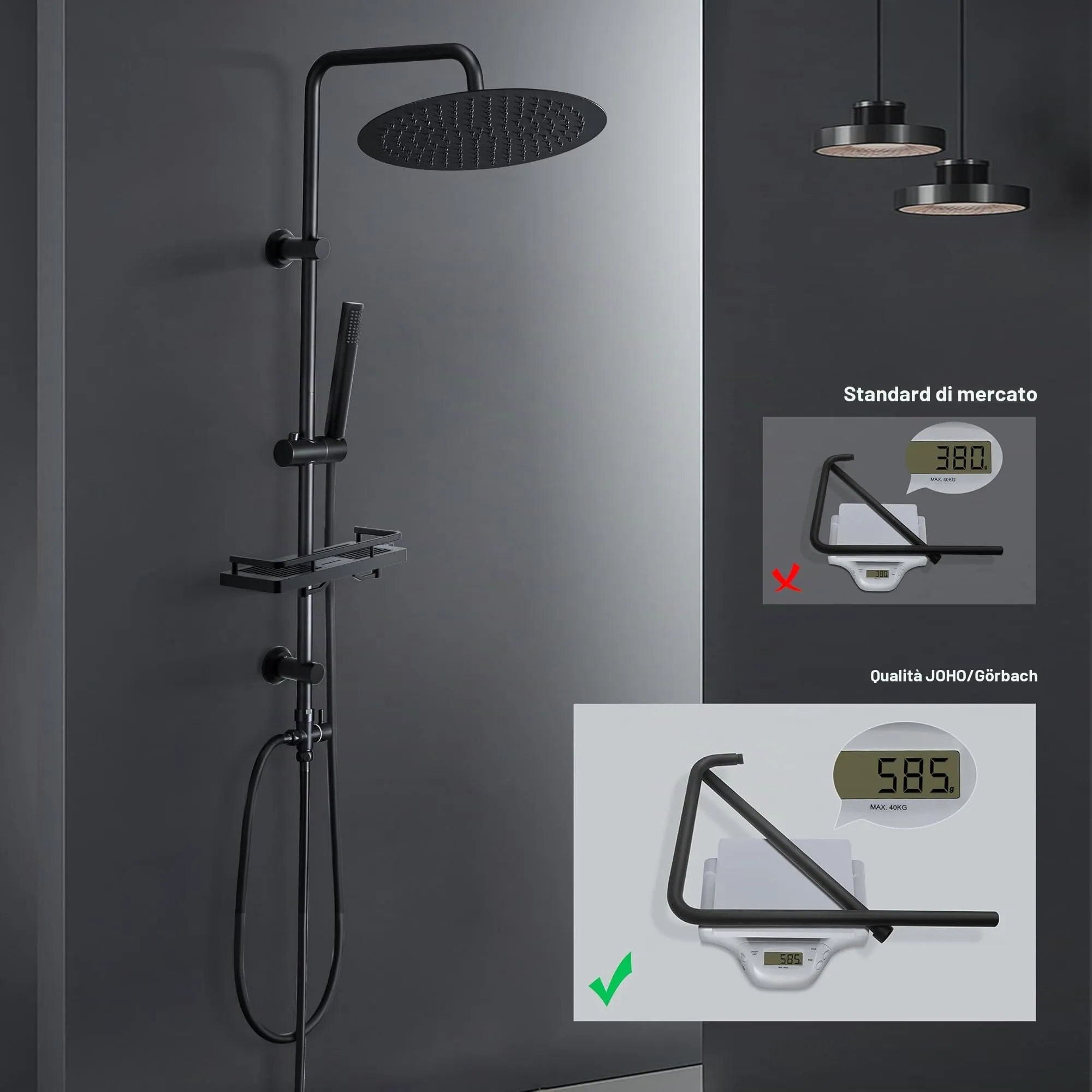 Görbach Colonna Doccia in Acciaio Inox con Soffione a Pioggia 30 cm, Doccetta, Mensola e Asta Regolabile - Nero - immagine 7