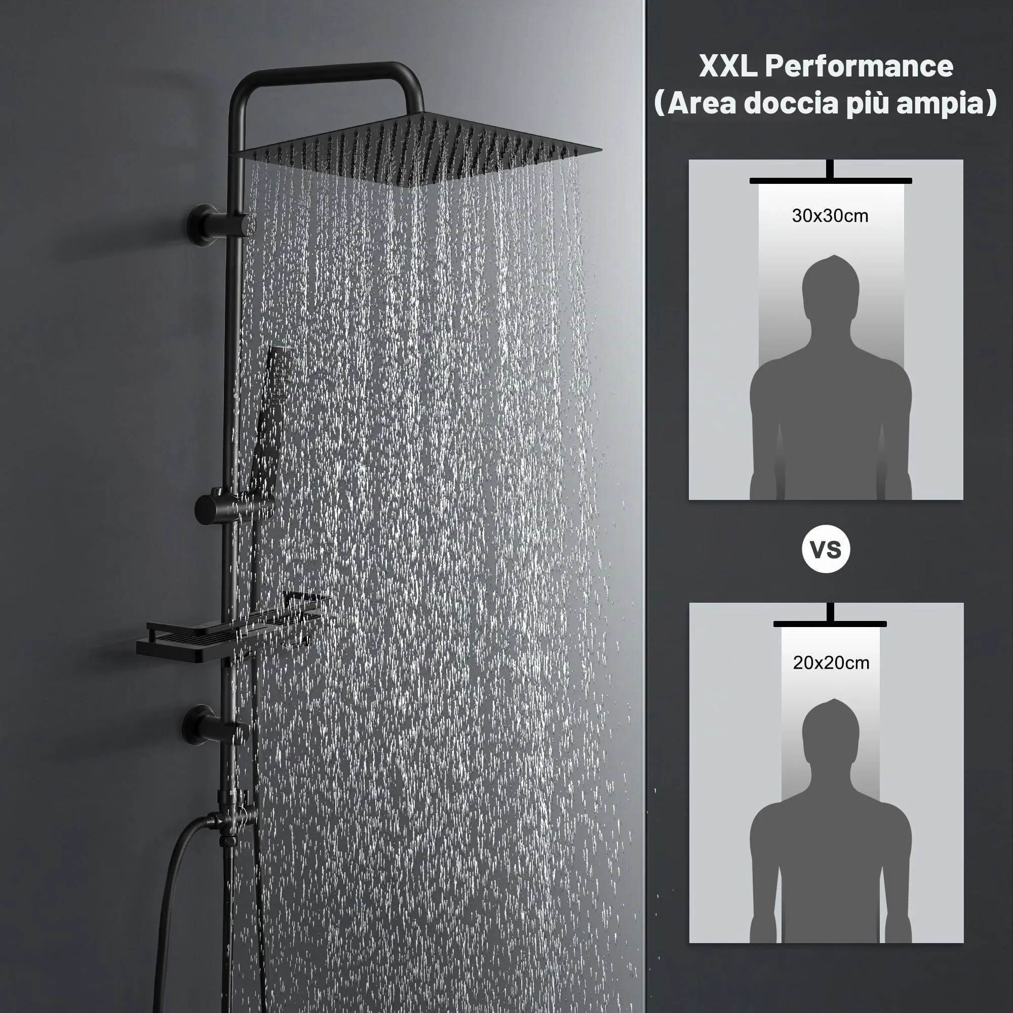 Görbach Colonna Doccia in Acciaio Inox con Soffione Pioggia 30x30 cm, Doccetta e Mensola, Nero - immagine 2