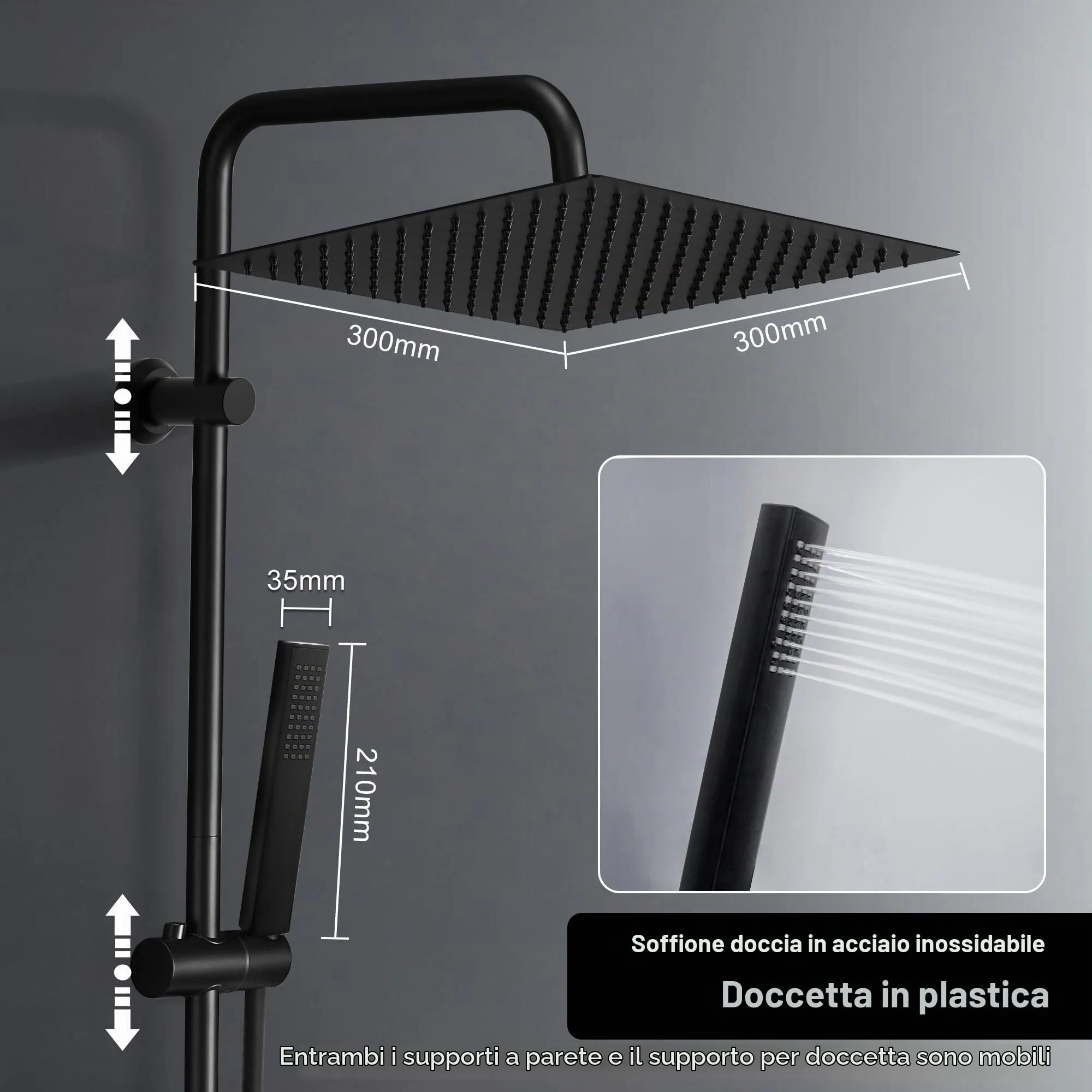 Görbach Colonna Doccia in Acciaio Inox con Soffione Pioggia 30x30 cm, Doccetta e Mensola, Nero - immagine 3