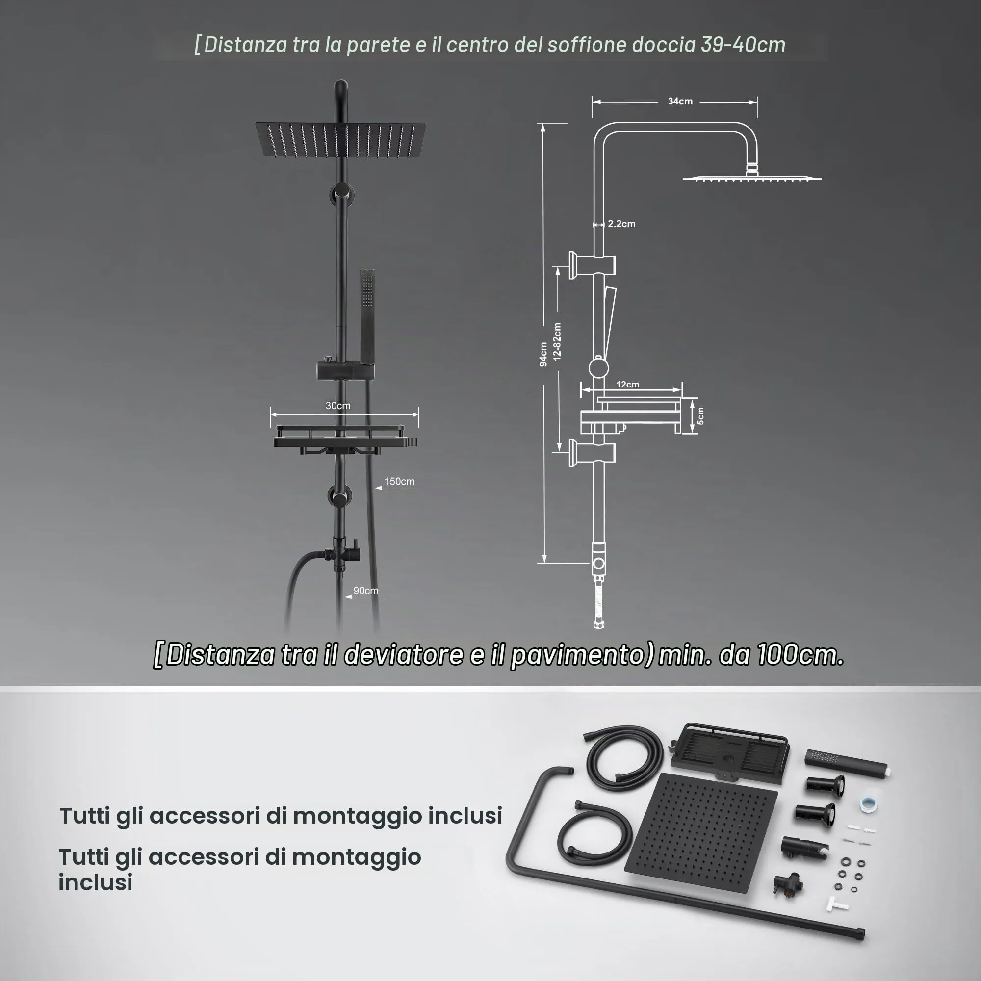 Görbach Colonna Doccia in Acciaio Inox con Soffione Pioggia 30x30 cm, Doccetta e Mensola, Nero - immagine 6