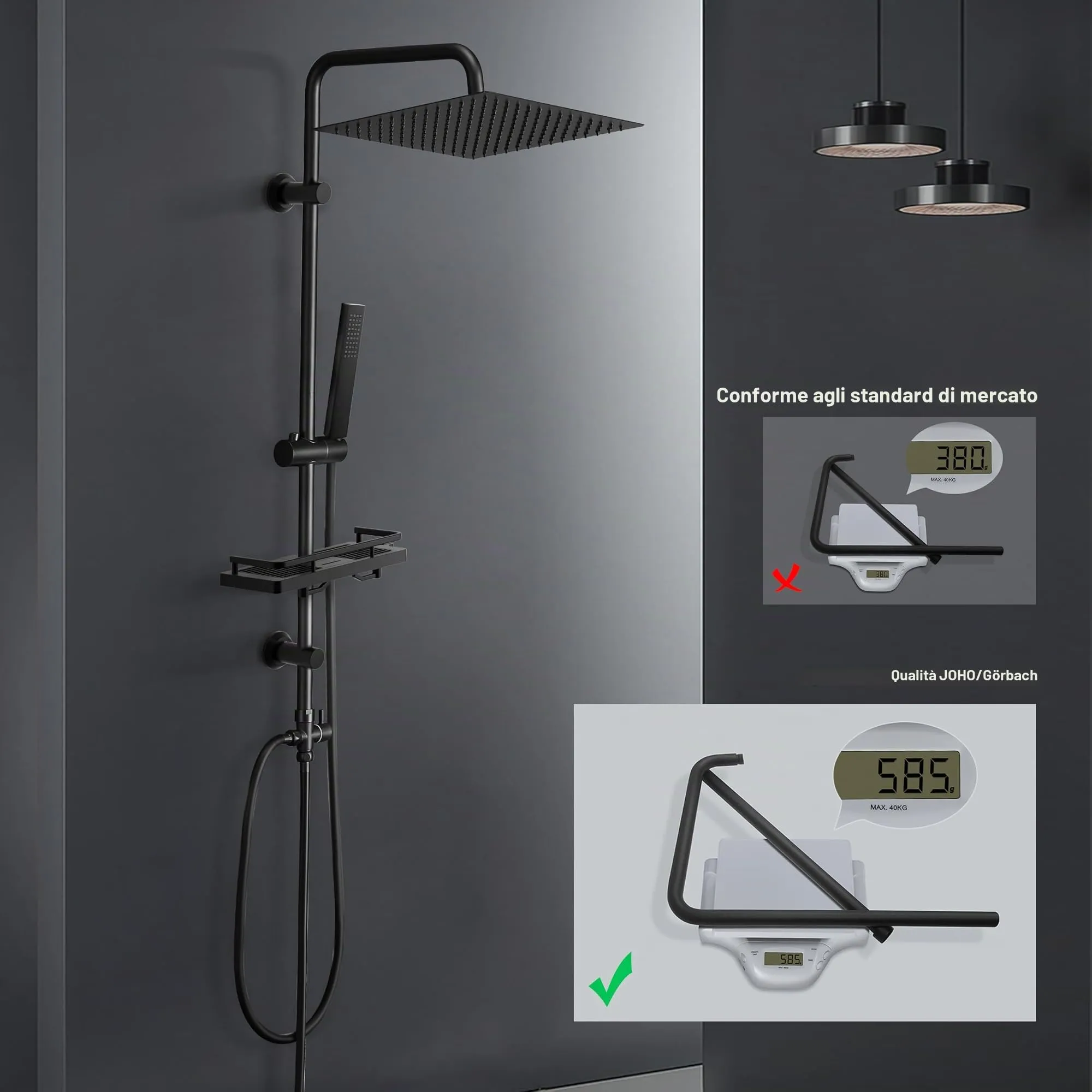 Görbach Colonna Doccia in Acciaio Inox con Soffione Pioggia 30x30 cm, Doccetta e Mensola, Nero - immagine 7