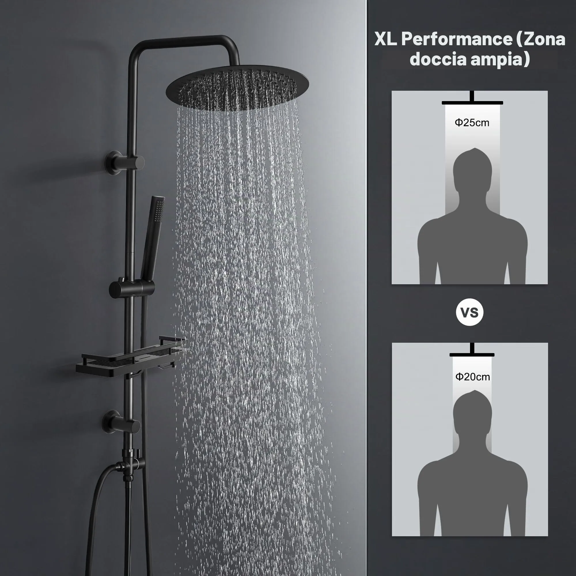 Görbach Colonna Doccia in Acciaio Inox con Soffione a Pioggia 25 cm, Doccetta e Mensola, Nero - immagine 2