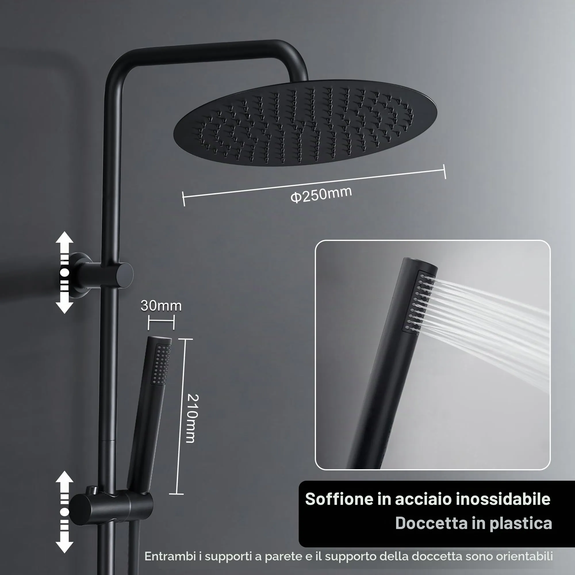 Görbach Colonna Doccia in Acciaio Inox con Soffione a Pioggia 25 cm, Doccetta e Mensola, Nero - immagine 3
