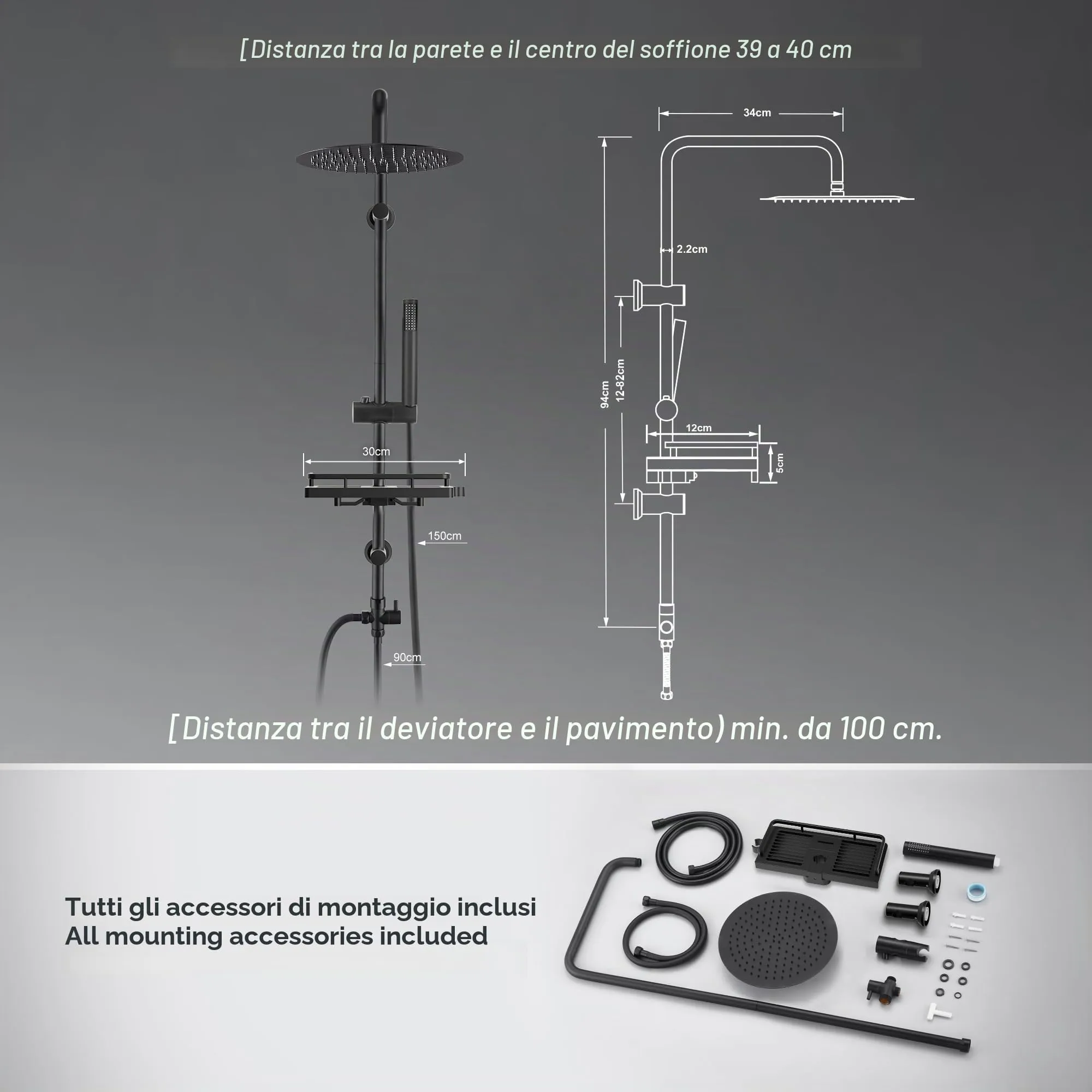 Görbach Colonna Doccia in Acciaio Inox con Soffione a Pioggia 25 cm, Doccetta e Mensola, Nero - immagine 6