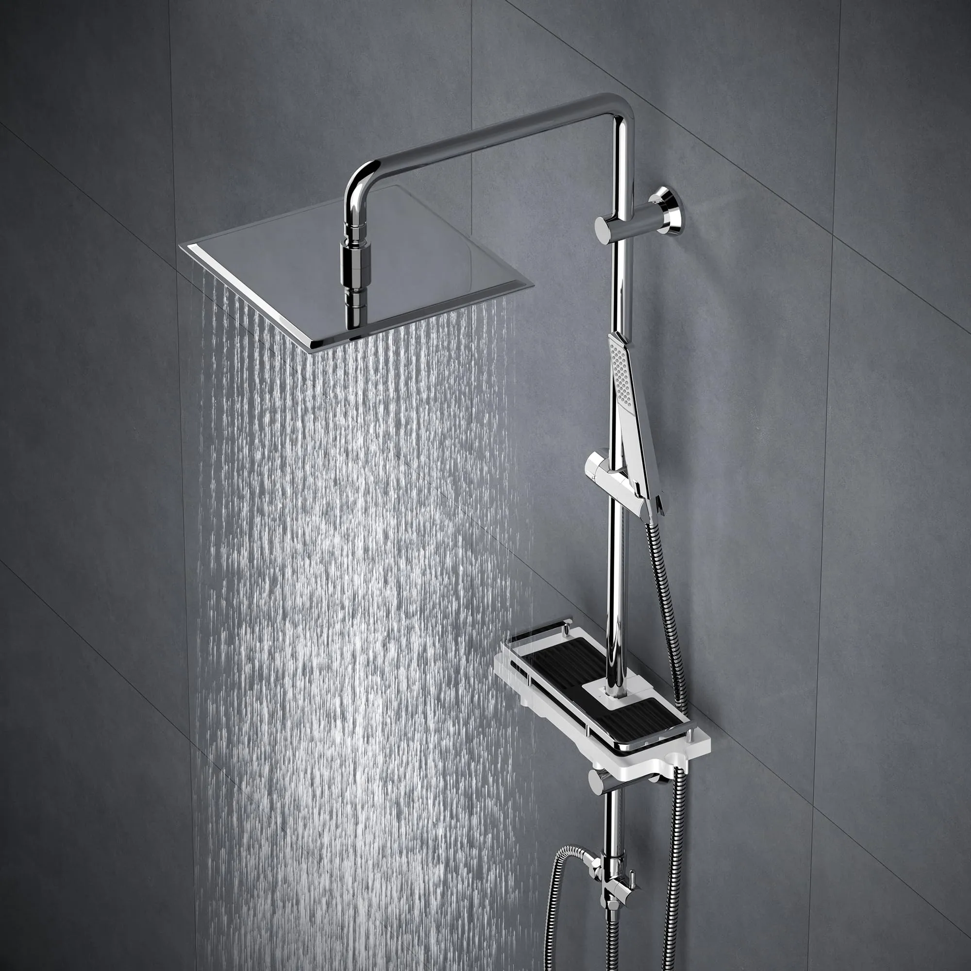 Görbach Colonna Doccia in Acciaio Inox con Soffione 20×20 cm, Doccetta a Mano e Mensola, Cromo - immagine 2